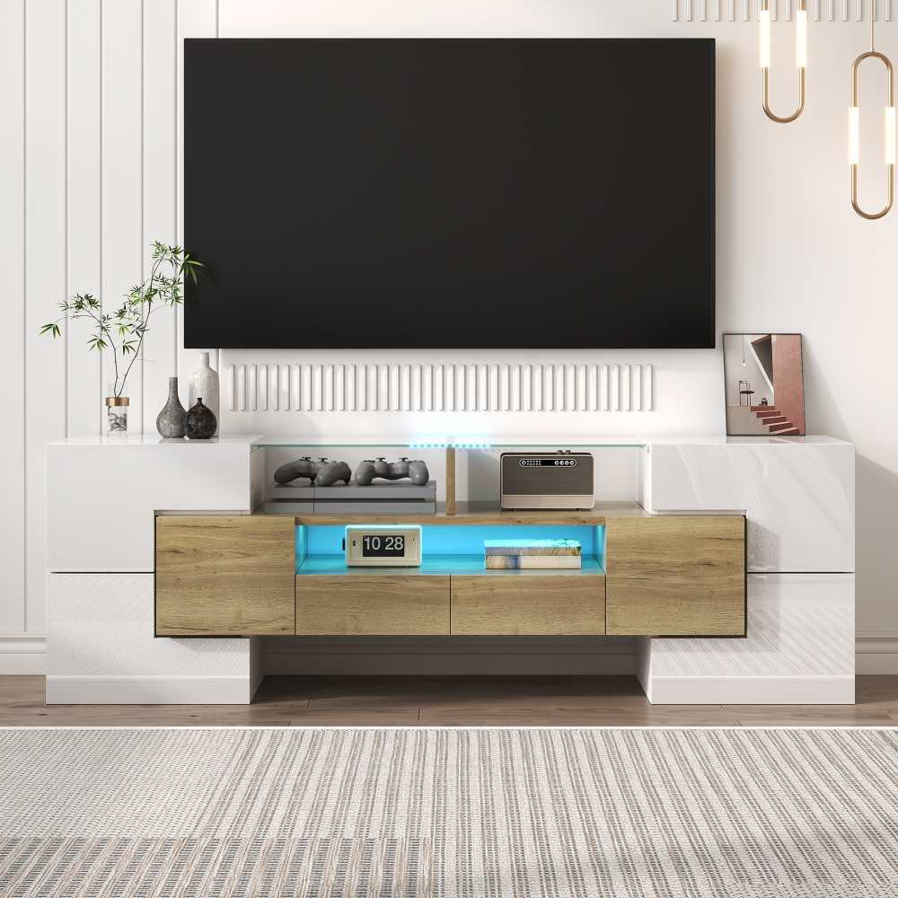 Biały lakierowany stolik RTV 145 cm, nowoczesny mebel do salonu z oświetleniem LED i szklaną powierzchnią