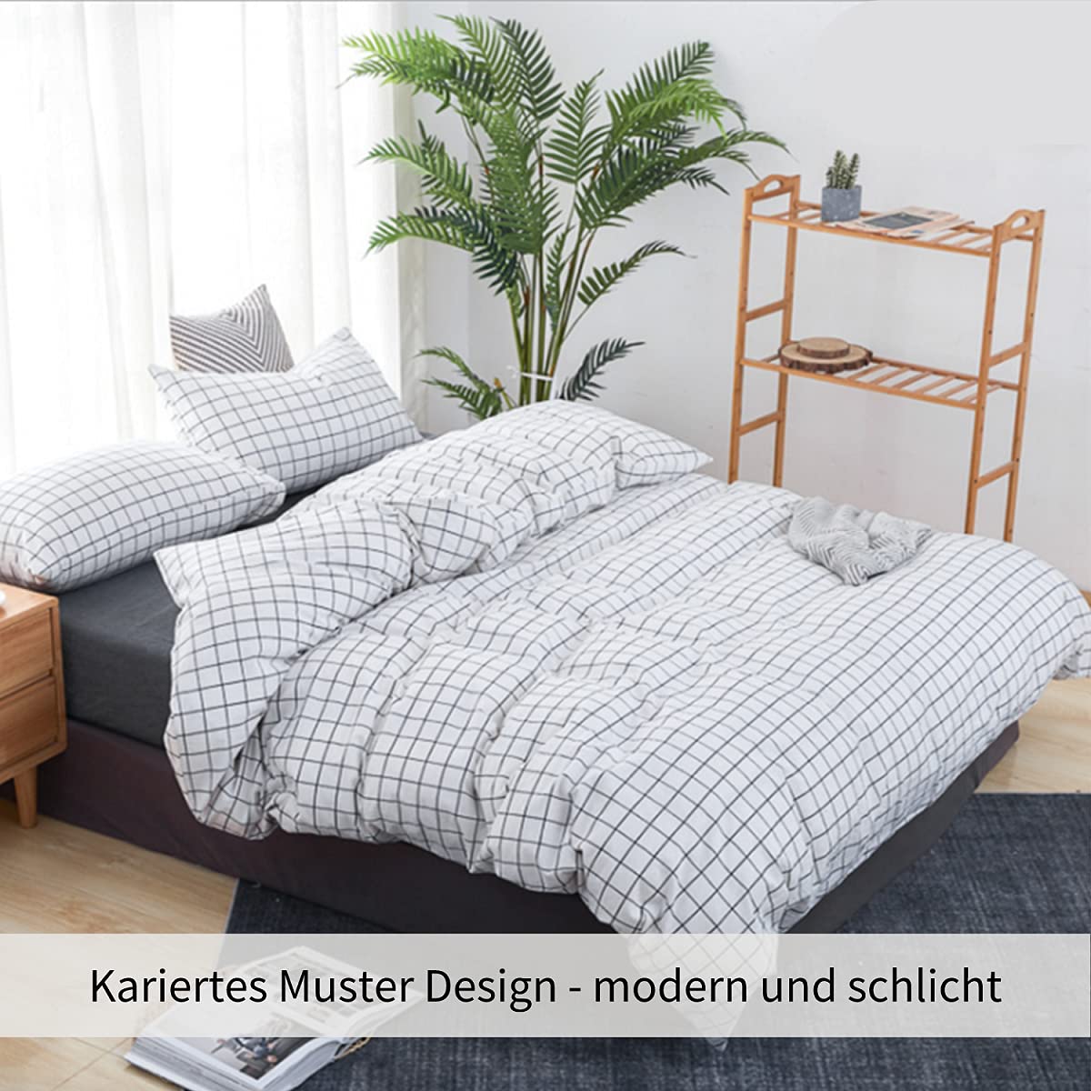 Conjunto de cama de 4 peças, capa de edredom de malha xadrez preta e branca com fecho de zíper e alças de canto (cama de 2 m) - 4