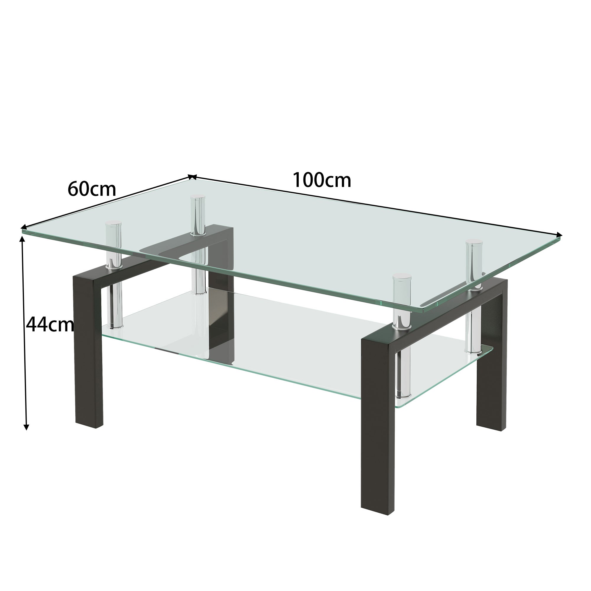 Table basse 100 × 60 × 44 cm, avec rangement ouvert, en verre et métal ...