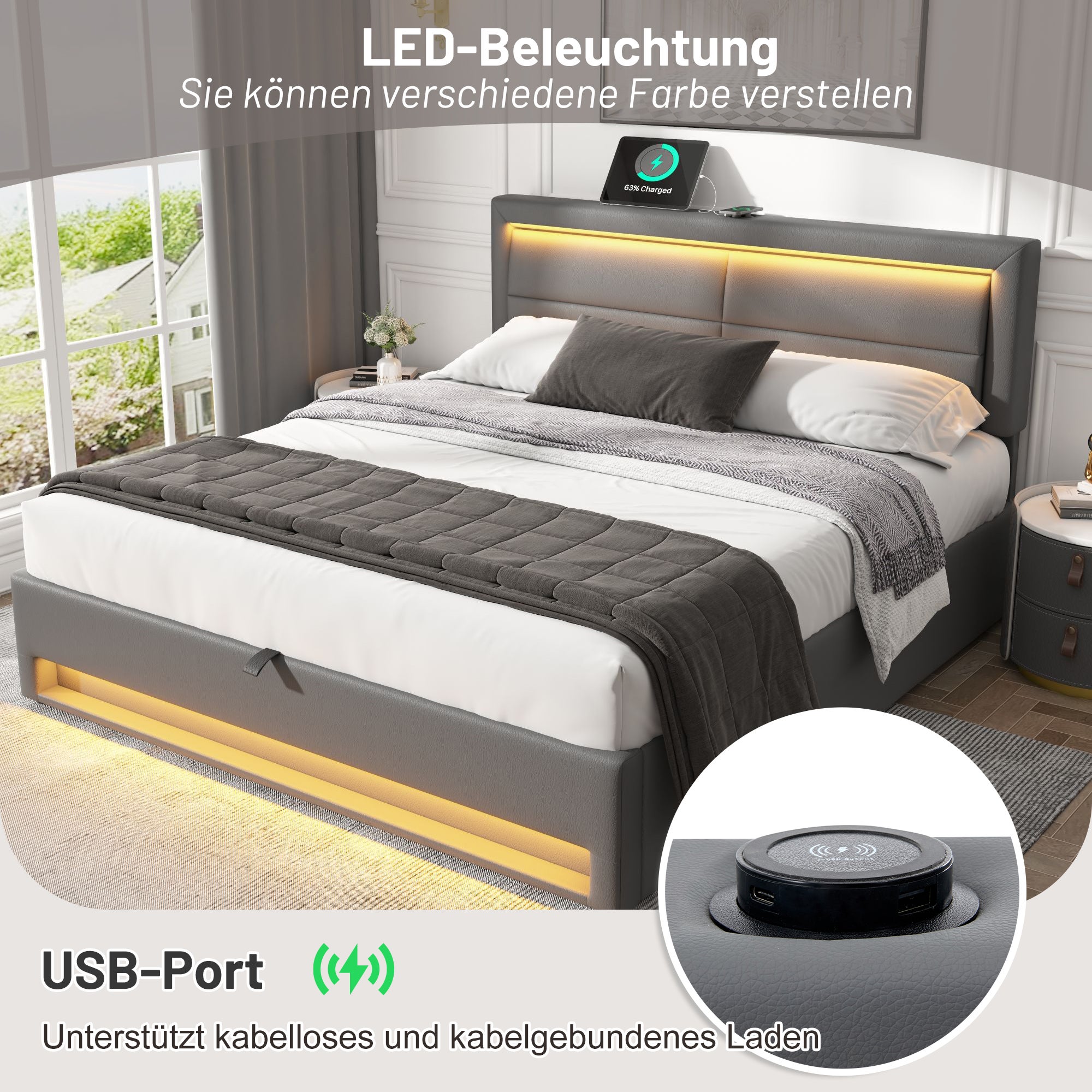 Łóżko z pojemnikiem 160x200 cm z ekoskóry z LED - z portami ładowania (przewodowym i bezprzewodowym) - Szare - 7