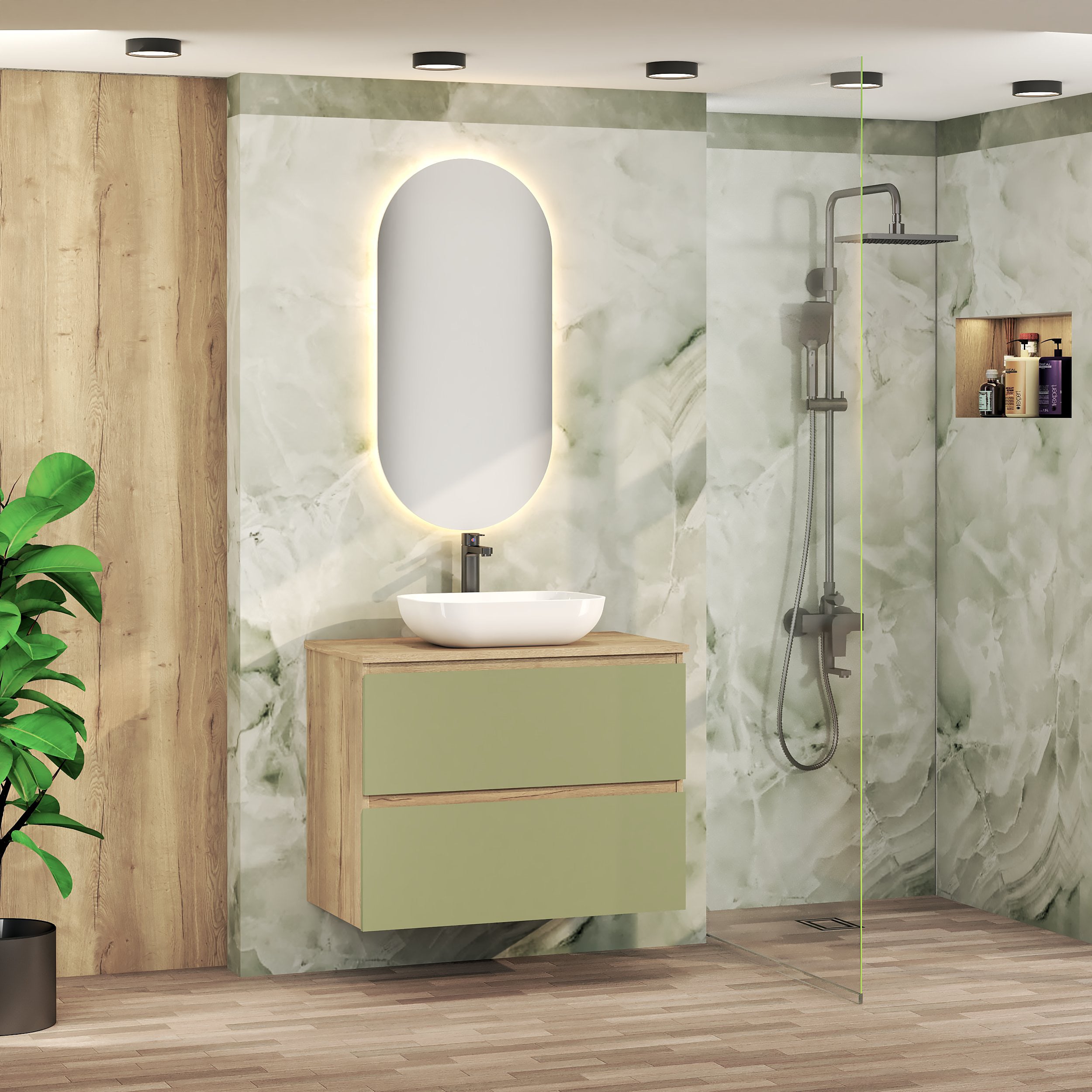 Mueble De Baño Suspendido Con Lavabo De Cerámica Y Espejo - Medidas 80x27x46 Cm, Color Blanco Con Tapa De Roble, 1 Cajón Con Cierre Suave