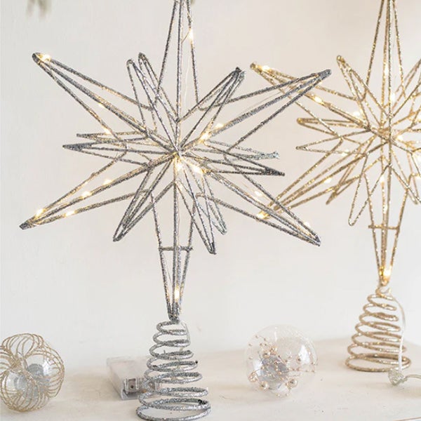 Decoração superior da árvore do floco de neve de natal, 25*33cm, 20 luzes led, alimentado por bateria, decoração de natal, prata, luz quente - 2