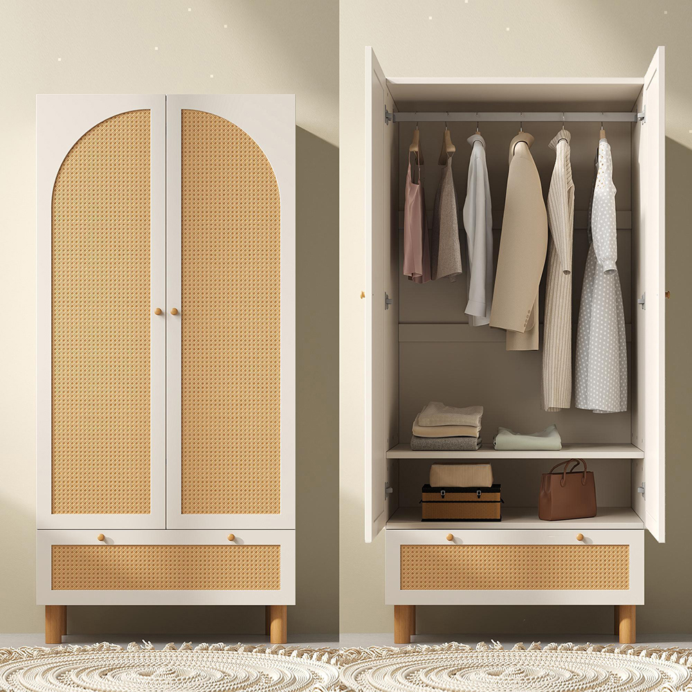 Armoire penderie à 2 portes et rotin blanc avec grand tiroir étagères réglables en hauteur - 10