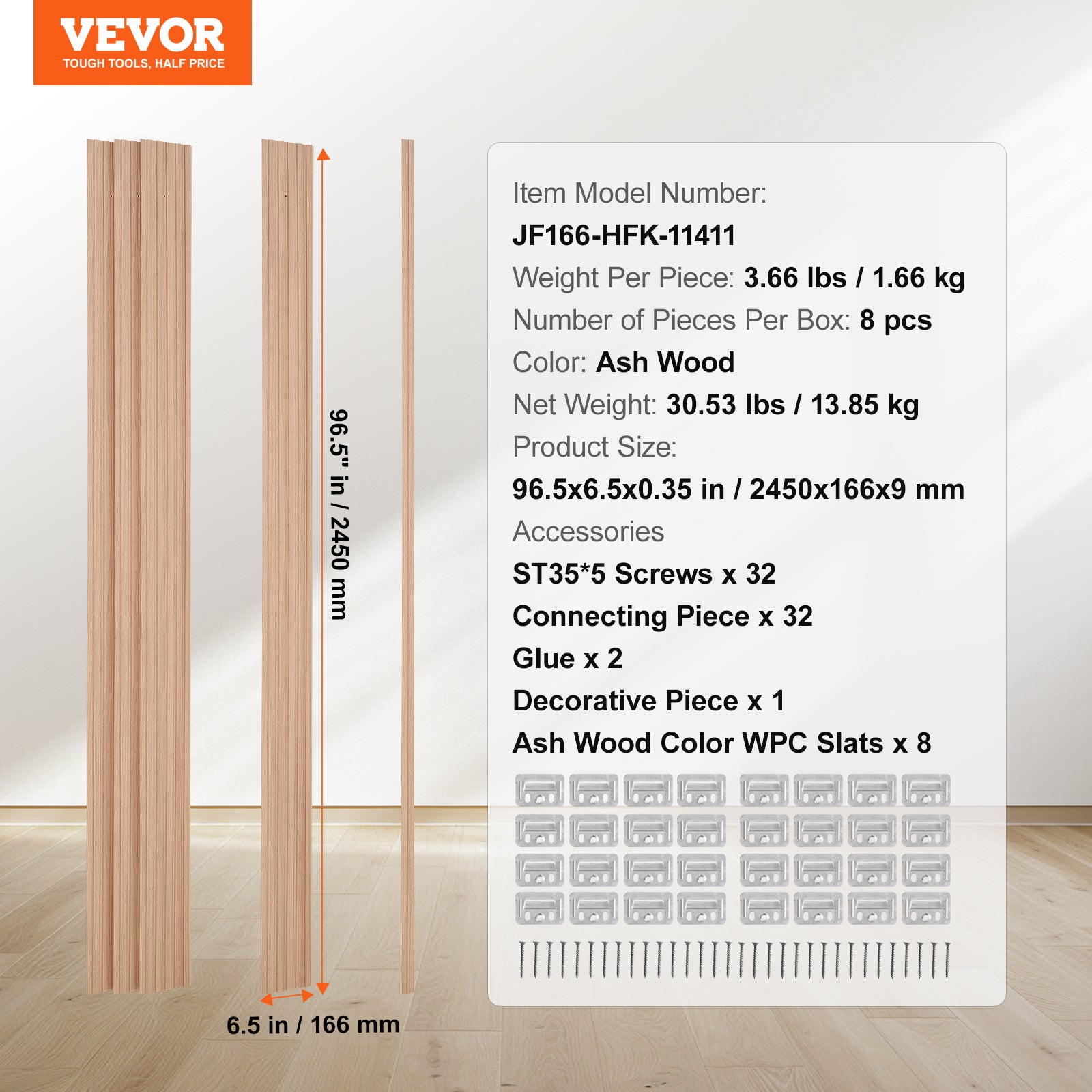 Panneau Mural Acoustique WPC VEVOR 2450x166 mm,Lot de 8,Effet Faux Bois,Réduction Bruit,Décoration Moderne,Bois de Frêne - 7