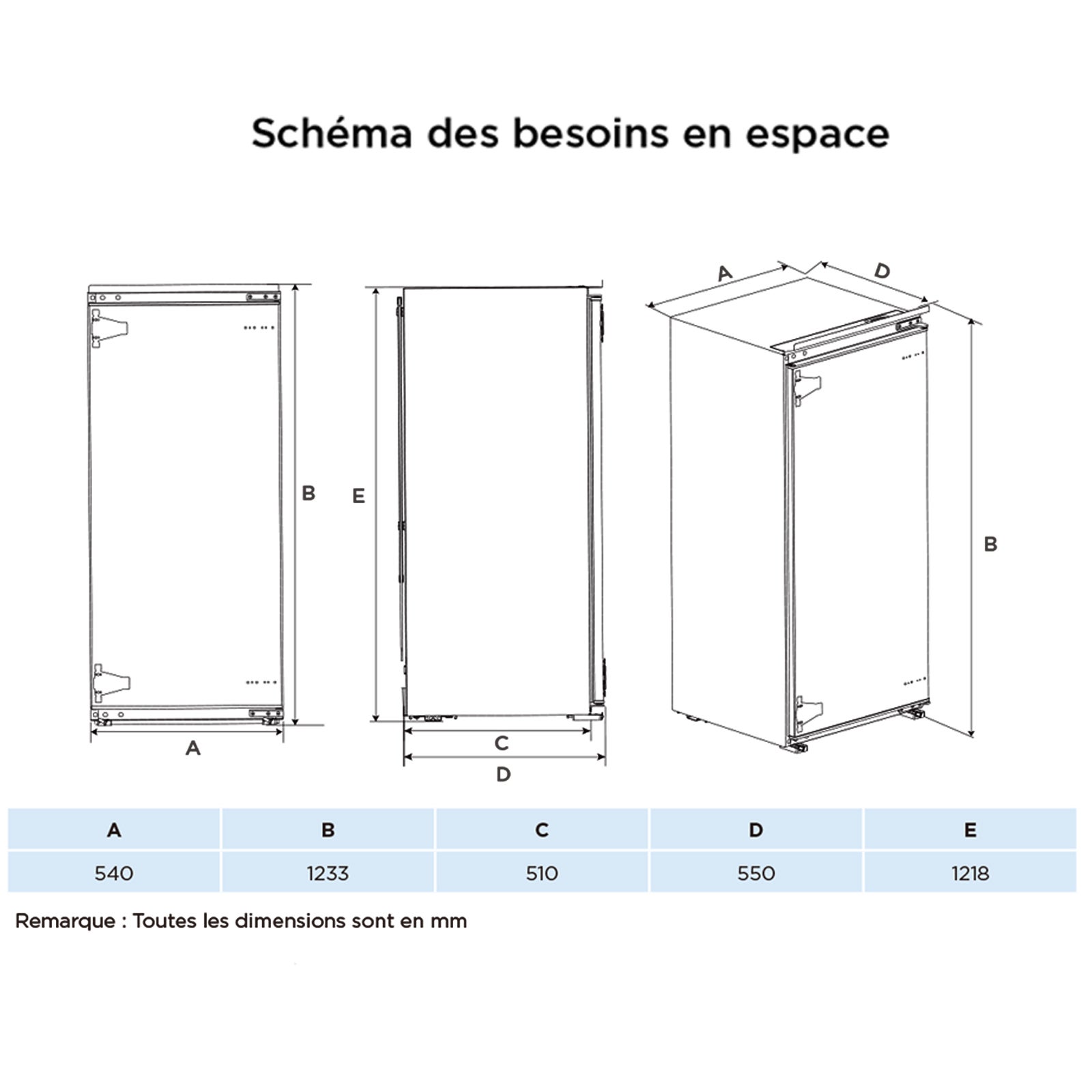 Réfrigérateur 1 Porte Encastrable COMFEE - H123,3 cm x L54 cm x P55 cm - 190L(174+16) - Intégrable - Classe E - 8