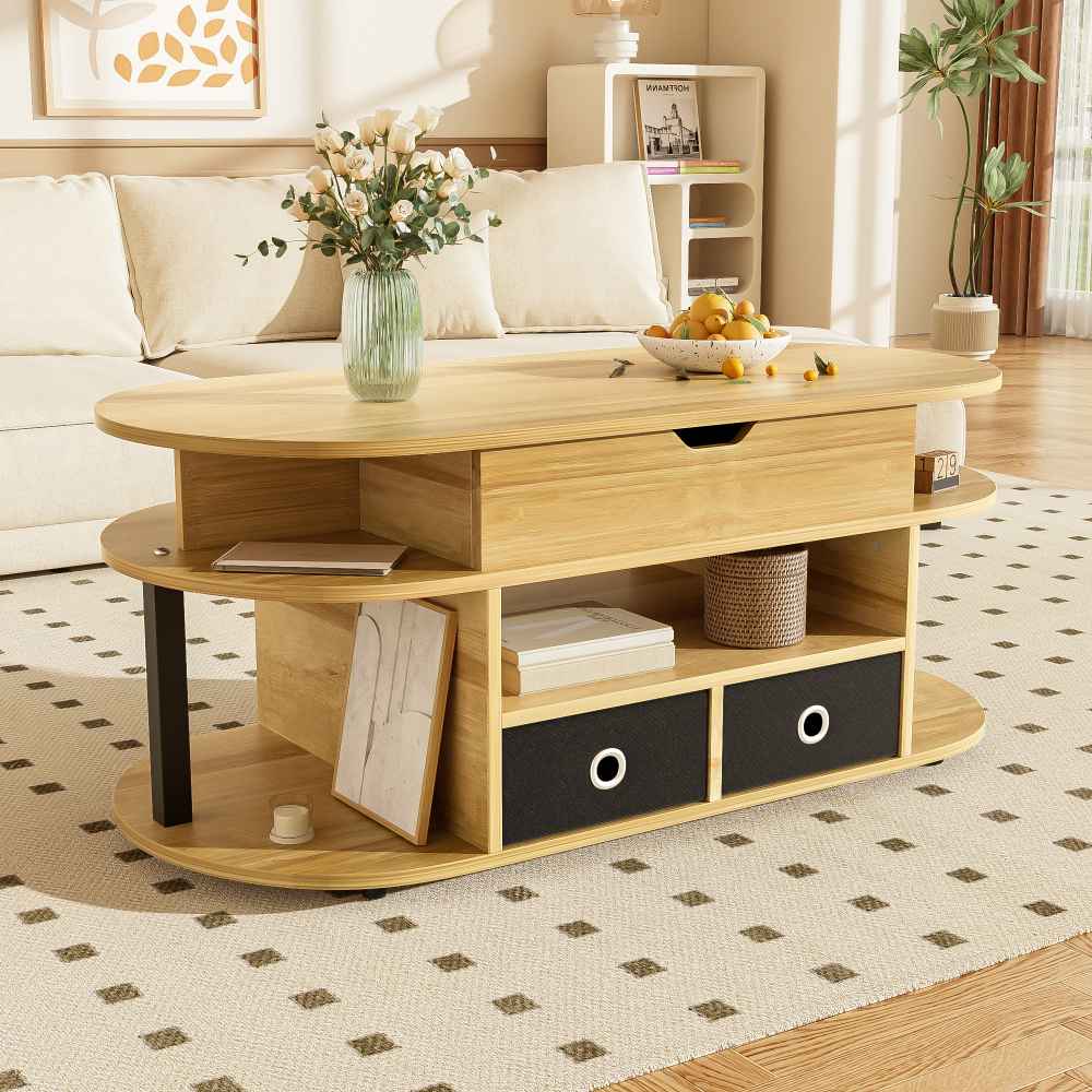 Table Basse Moderne Veines de Bois : avec Fonction Relevable, Espace de Rangement & Tiroirs en Tissu Noir, Polyvalente pour Salon & Bureau - 9