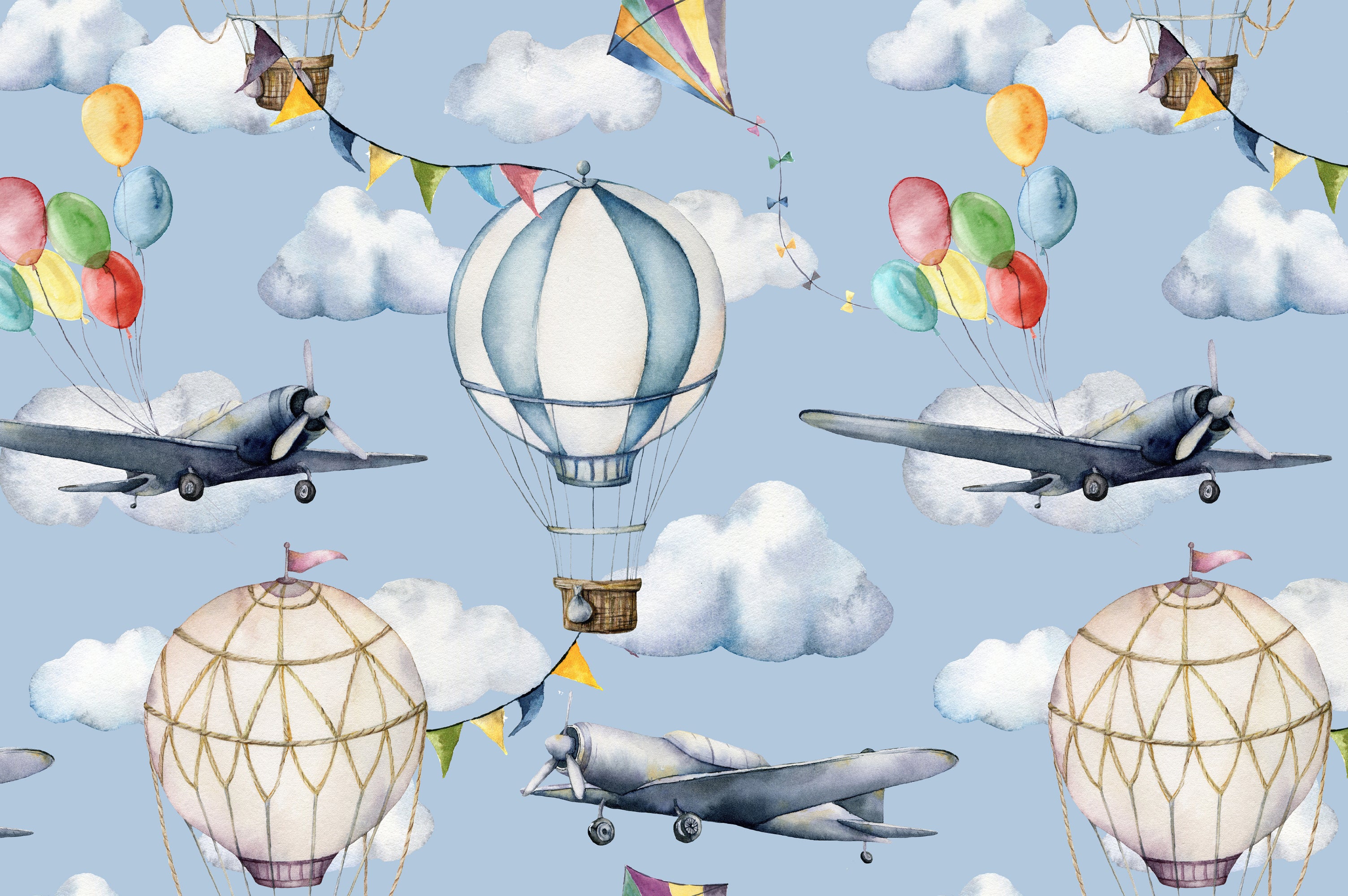 Dywan winylowy dla dzieci Balony i samoloty 133x200 cm - Antypoślizgowy PVC, winyl do pokoju dziecięcego, ognioodporny i zmywalny.
