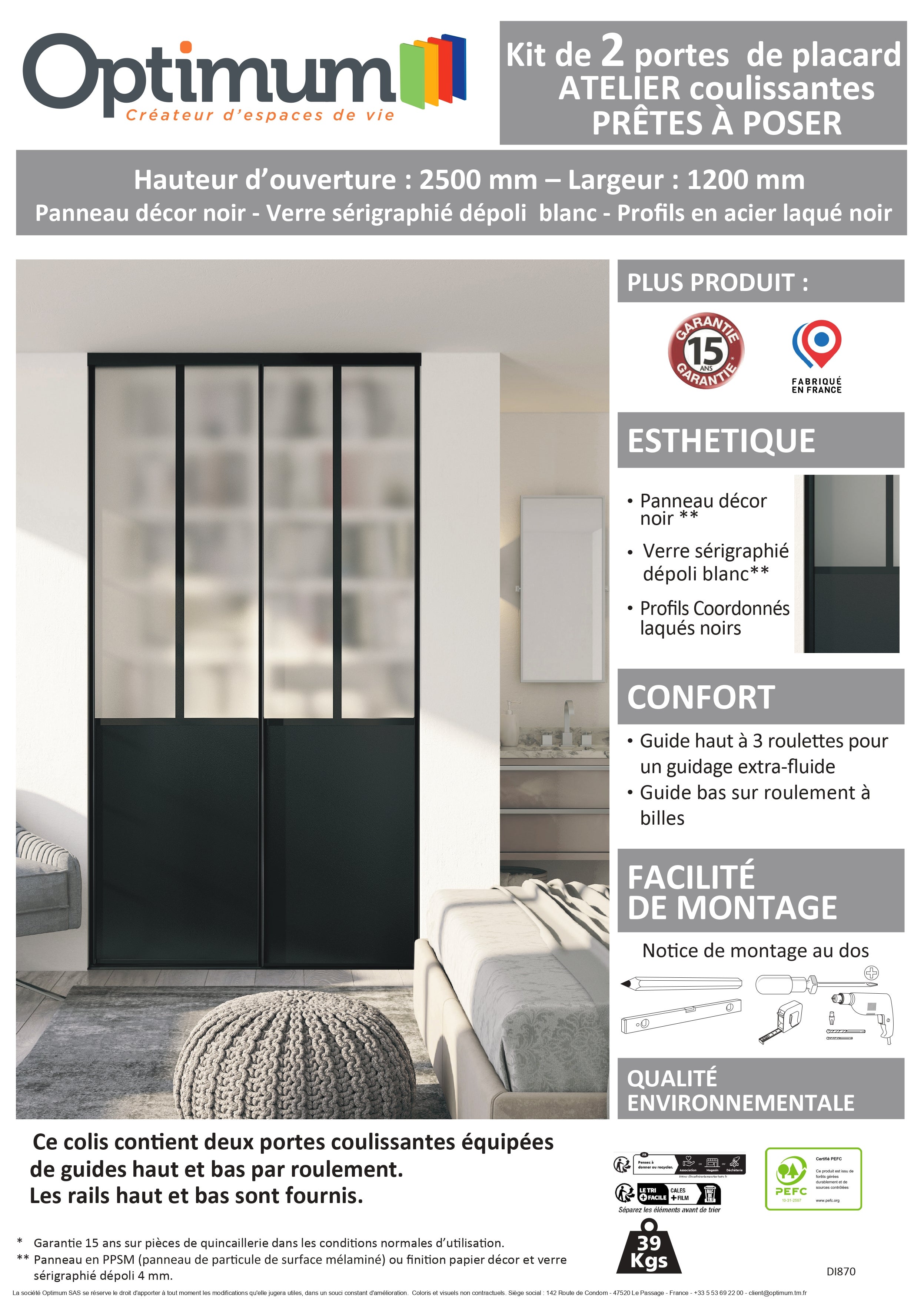 Pack de 2 portes de placard coulissantes, décor atelier noir, verre dépoli blanc, rails noirs, H 2500 x Largeur totale 1200 mm - 5
