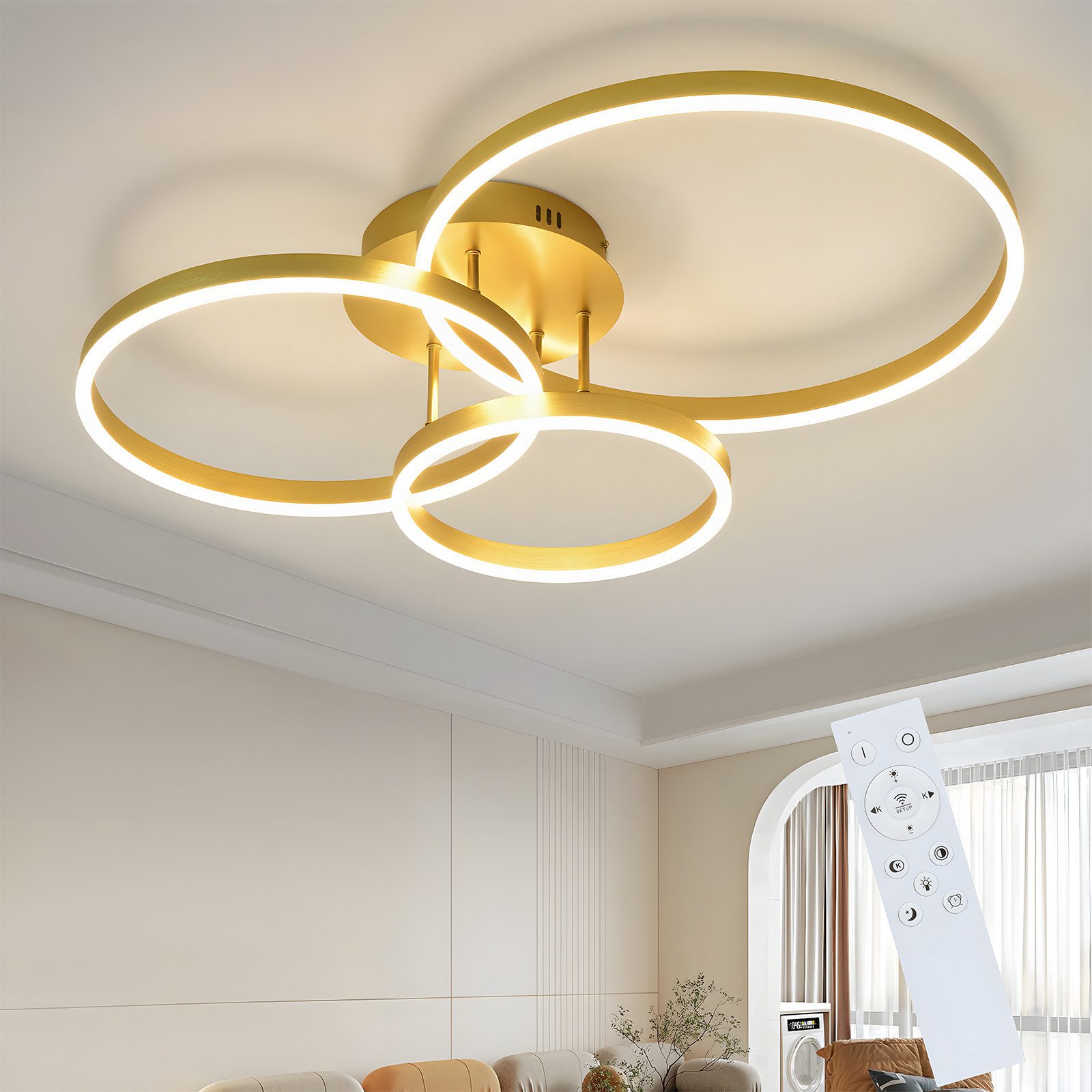 NETTLIFE Lampa sufitowa LED do salonu - złota, ściemnialna, 82 cm, z pilotem, 74 W, 3 pierścienie