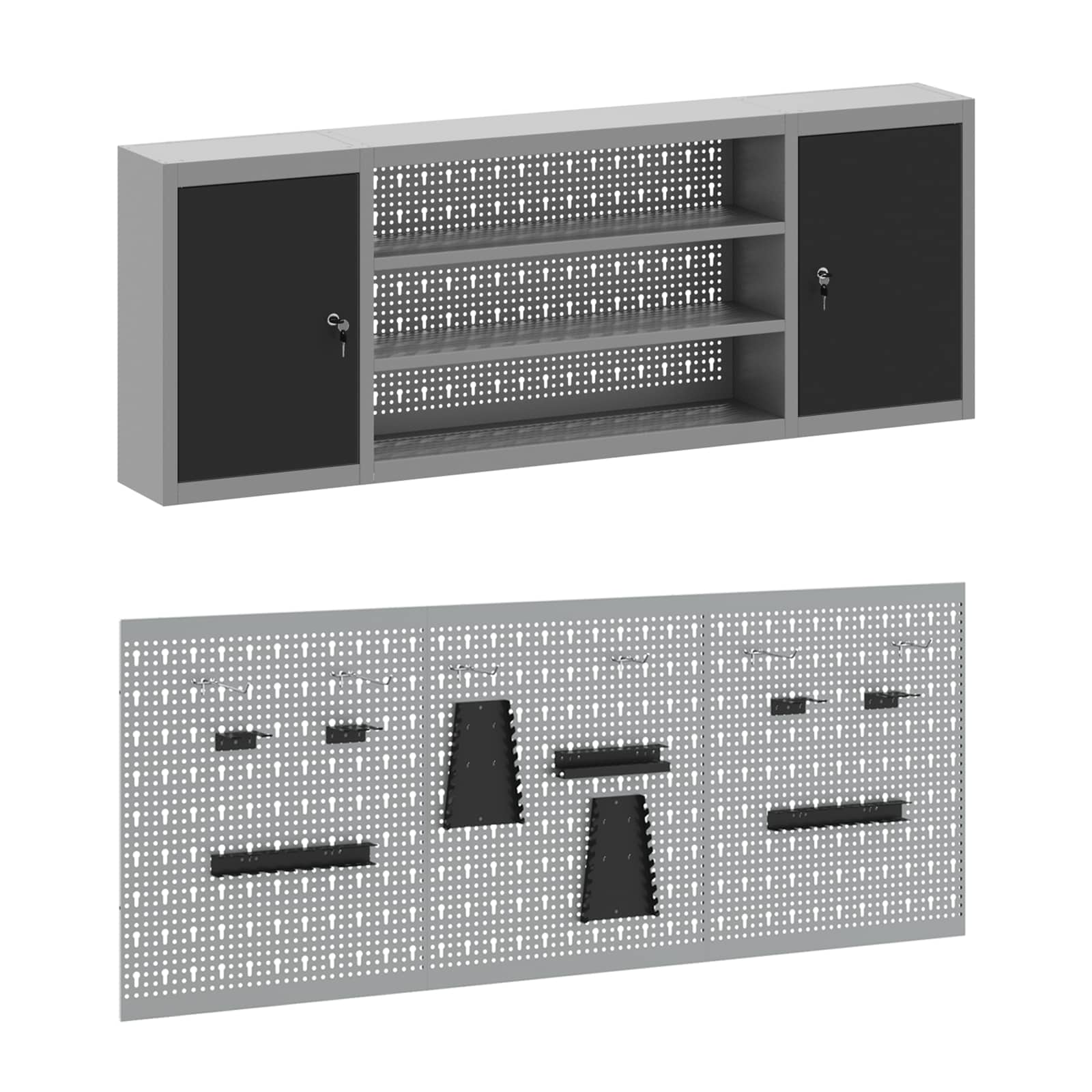 Armário e Painel de Ferramentas de 7 Peças em MDF e Metal Preto - 7
