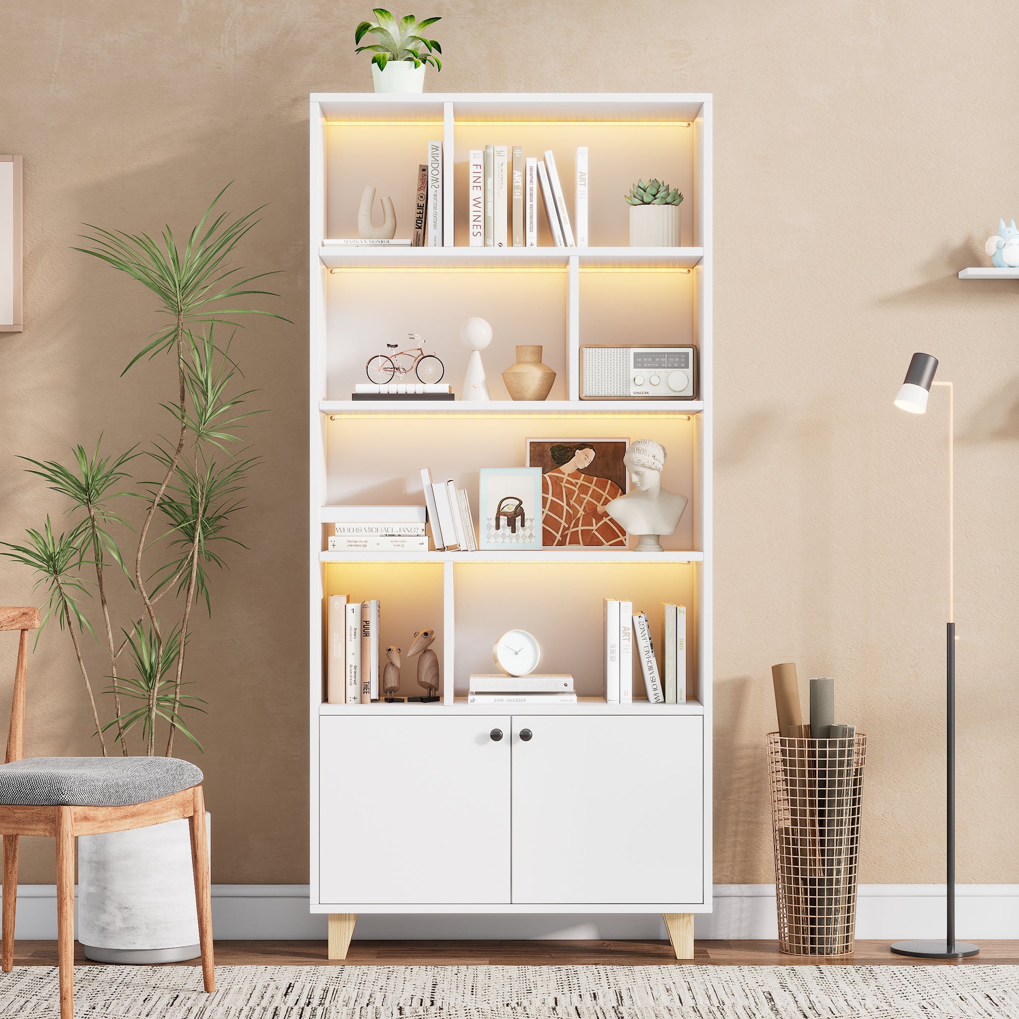 Regał z 2 drzwiami i przegródkami - 80 x 30 x 173 cm - diody LED - nóżki z płyty MDF i litego drewna - biały