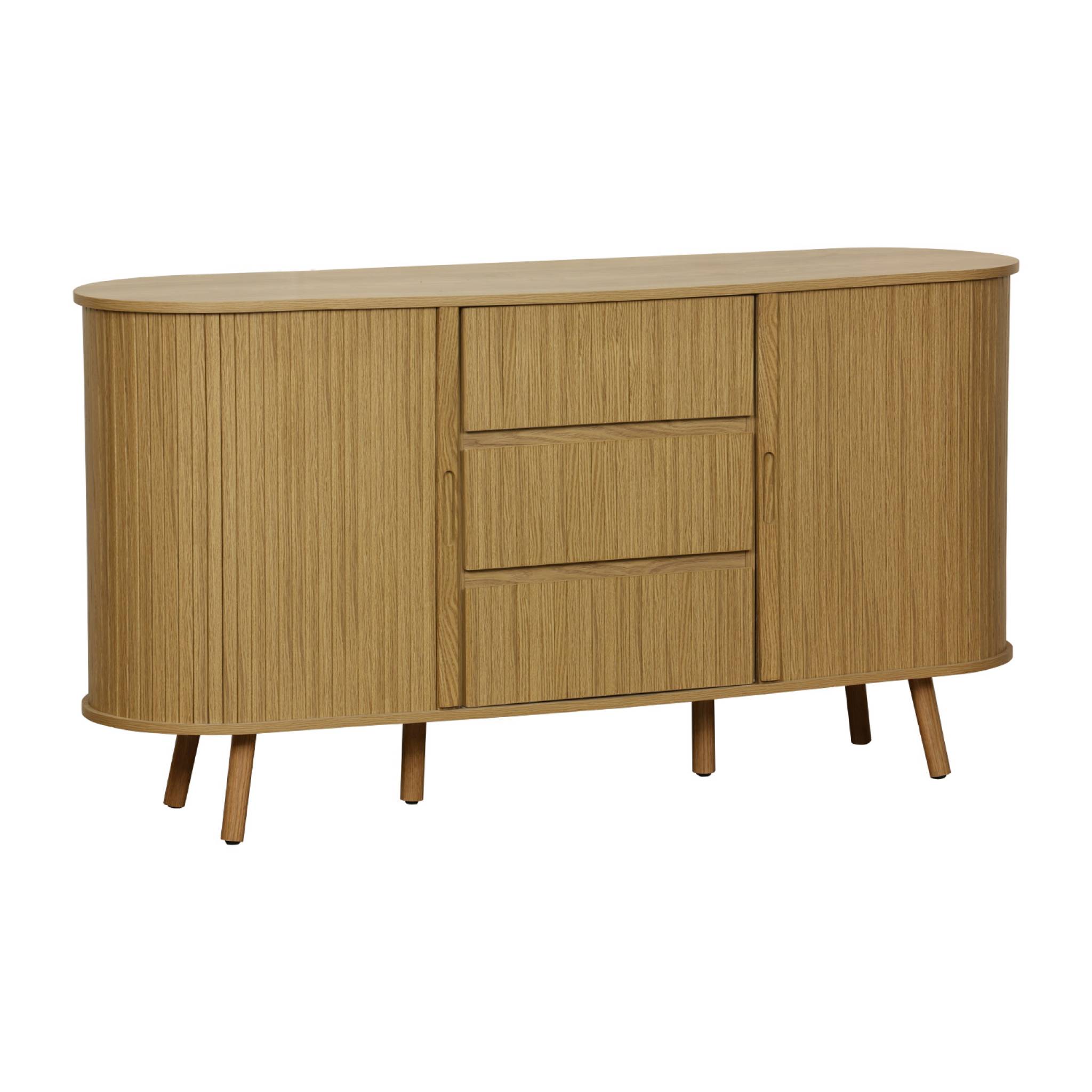 Buffet scandinave ovale 2 portes coulissantes 4 compartiments 3 tiroirs effet bois rainuré