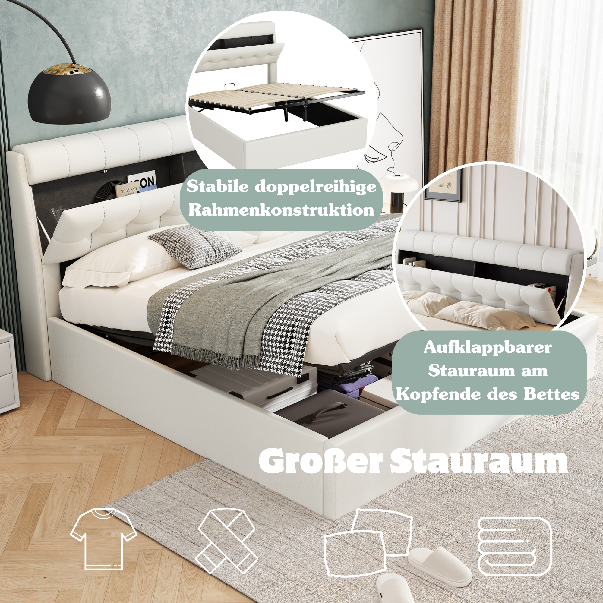 Lit coffre 140 x 200 cm avec tête de lit rangement - LEDs - Cuir PU - Blanc (sans matelas) - 6