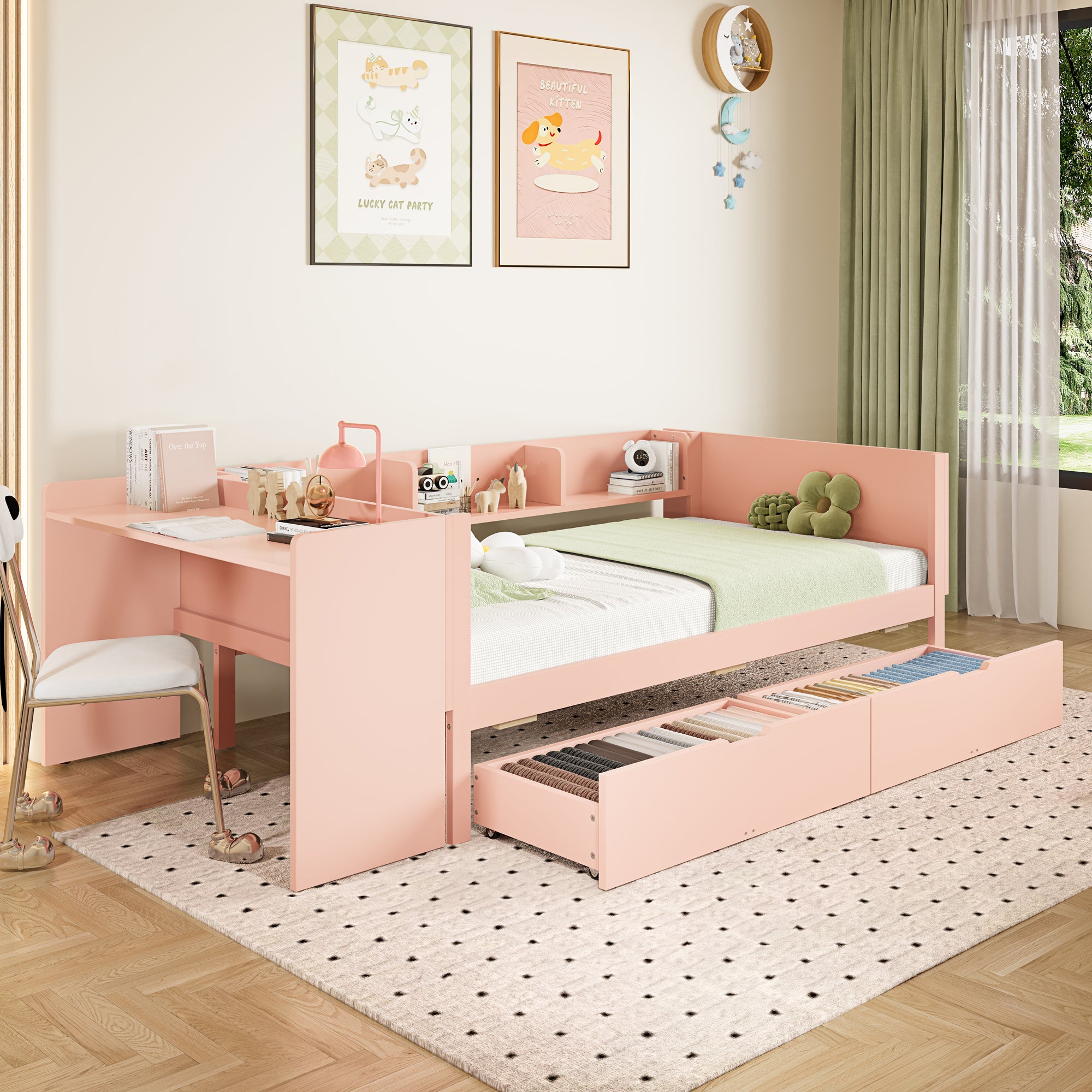 Lit 90x200 cm z 2 szufladami do przechowywania i półkami - Materiał sosna + deska klejona - Wielofunkcyjny z biurkiem - Różowy/Biały