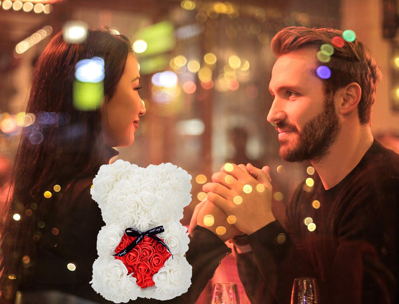 Ours en Roses Blanc avec Cœur Rouge, Ours de Fleurs LED 25cm, Cadeau Romantique pour Elle, Anniversaire, Fiançailles, avec Boîte & Carte, Fait Main - 7