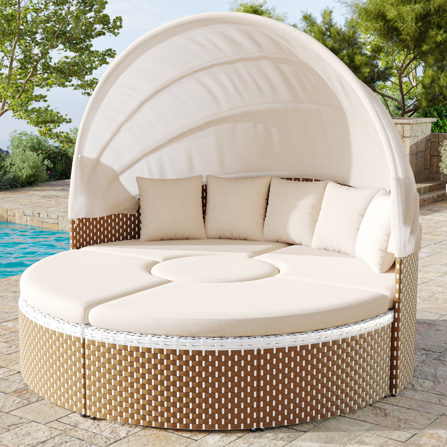 Ensemble de chaises longues de jardin, Sun Island, lit de jardin Shell, auvent rétractable, plateau de table relevable, beige - 2