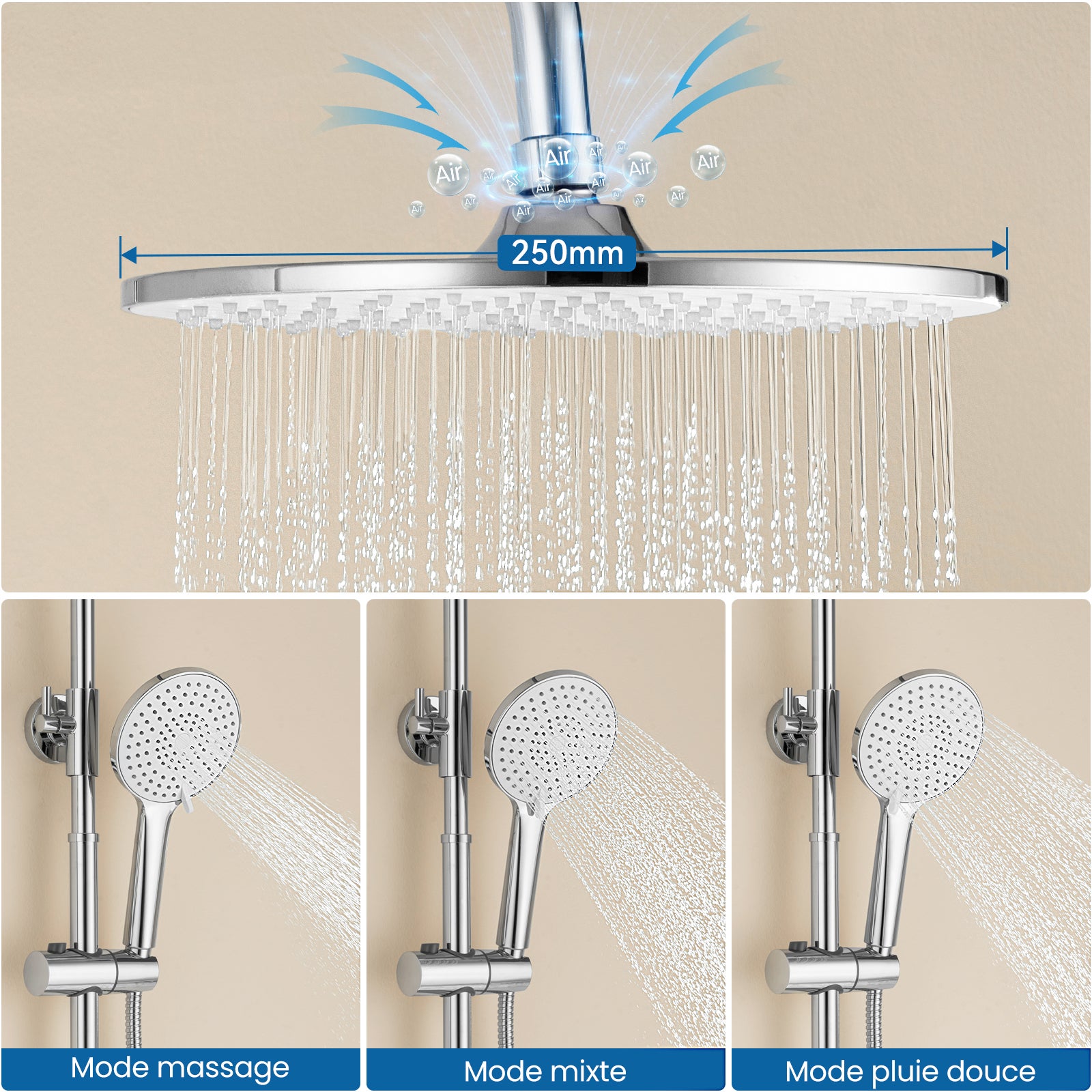 Auralum max Système Douche,avec Mitigeur Laiton,Colonne Douche Hauteur Réglable,Tête Douche Ronde 25 cm,Douchette 3 Jets,Acier Inoxydable,Chromé - 2