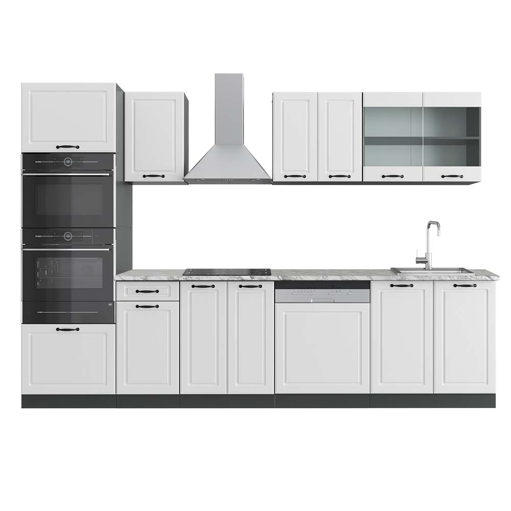 Vicco Aneks kuchenny R-Line, Biały dworek/antracyt, 300 cm z wysoką szafką, BP Marmur