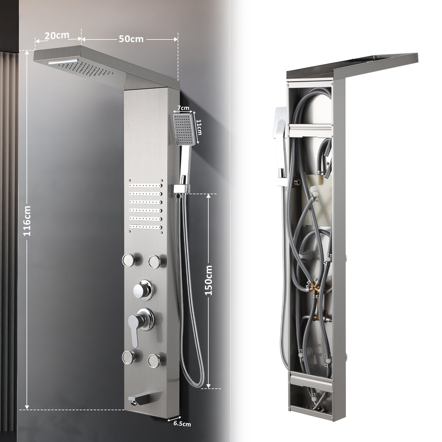 Panel de Columna de Ducha Hidromasaje LED Acero Inoxidable 5 funciones (Rociador de cascada y lluvia, ducha de mano, chorros de masaje, etc.) - A - 2