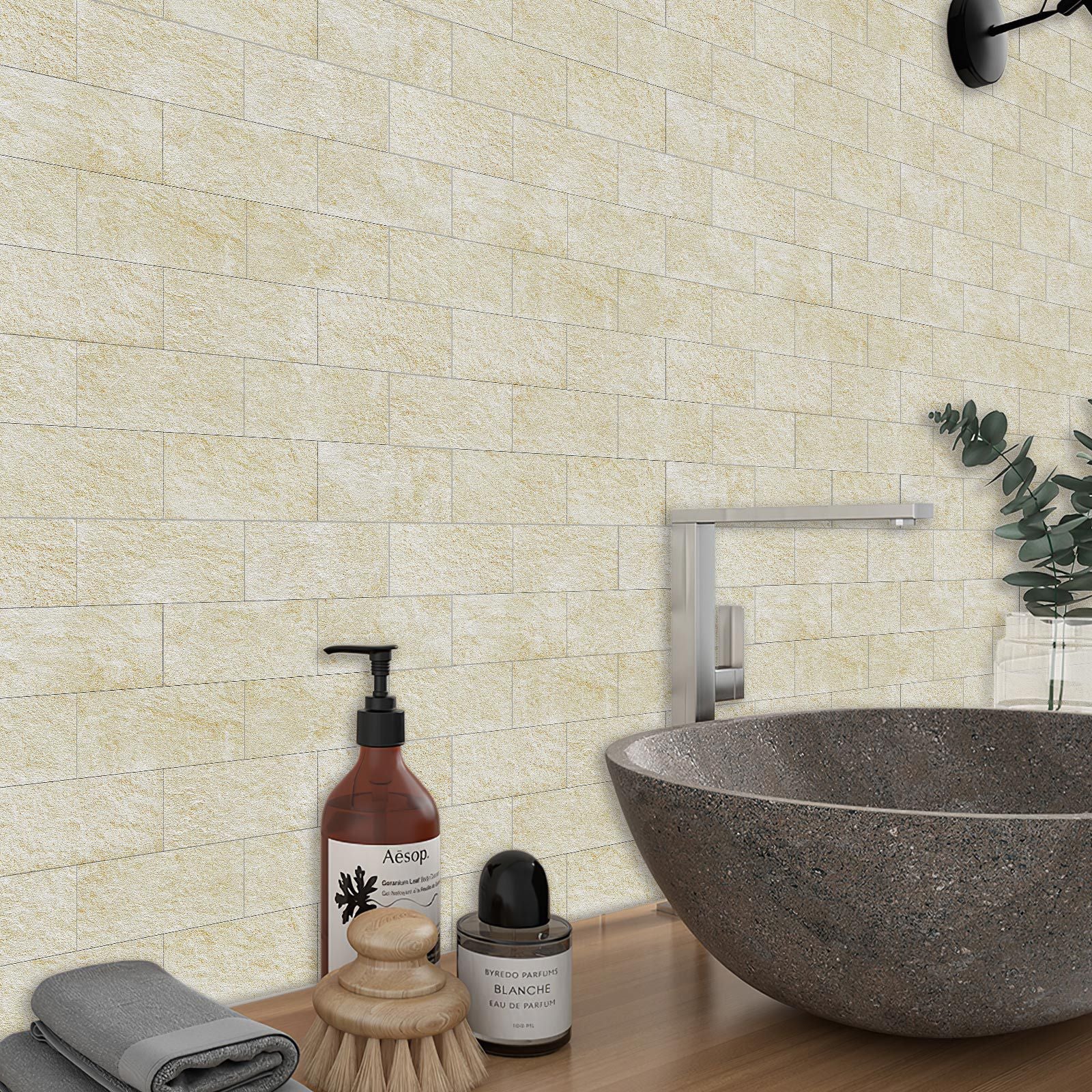 Crédence Adhésive Carrelage Jaune Clair - 10 Panneaux Décoratifs Imperméables pour Mur de Cuisine, Îlot Central et Encadrement de Cheminée - 6