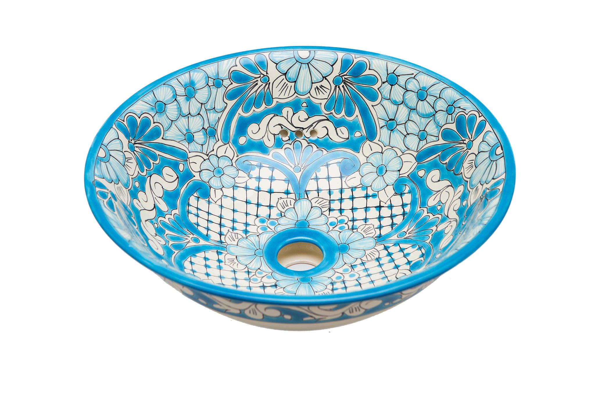 Meksykańska umywalka nablatowa Lorena – okrągła umywalka łazienkowa półwpuszczana umywalka 40,5 x 15 cm | Umywalka z motywami Talavera