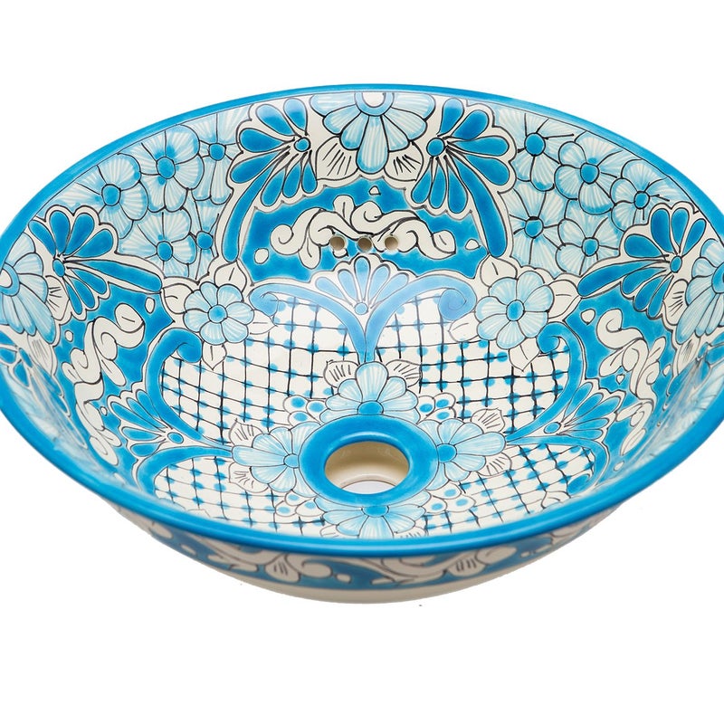 Meksykańska umywalka nablatowa Lorena – okrągła umywalka łazienkowa półwpuszczana umywalka 40,5 x 15 cm | Umywalka z motywami Talavera