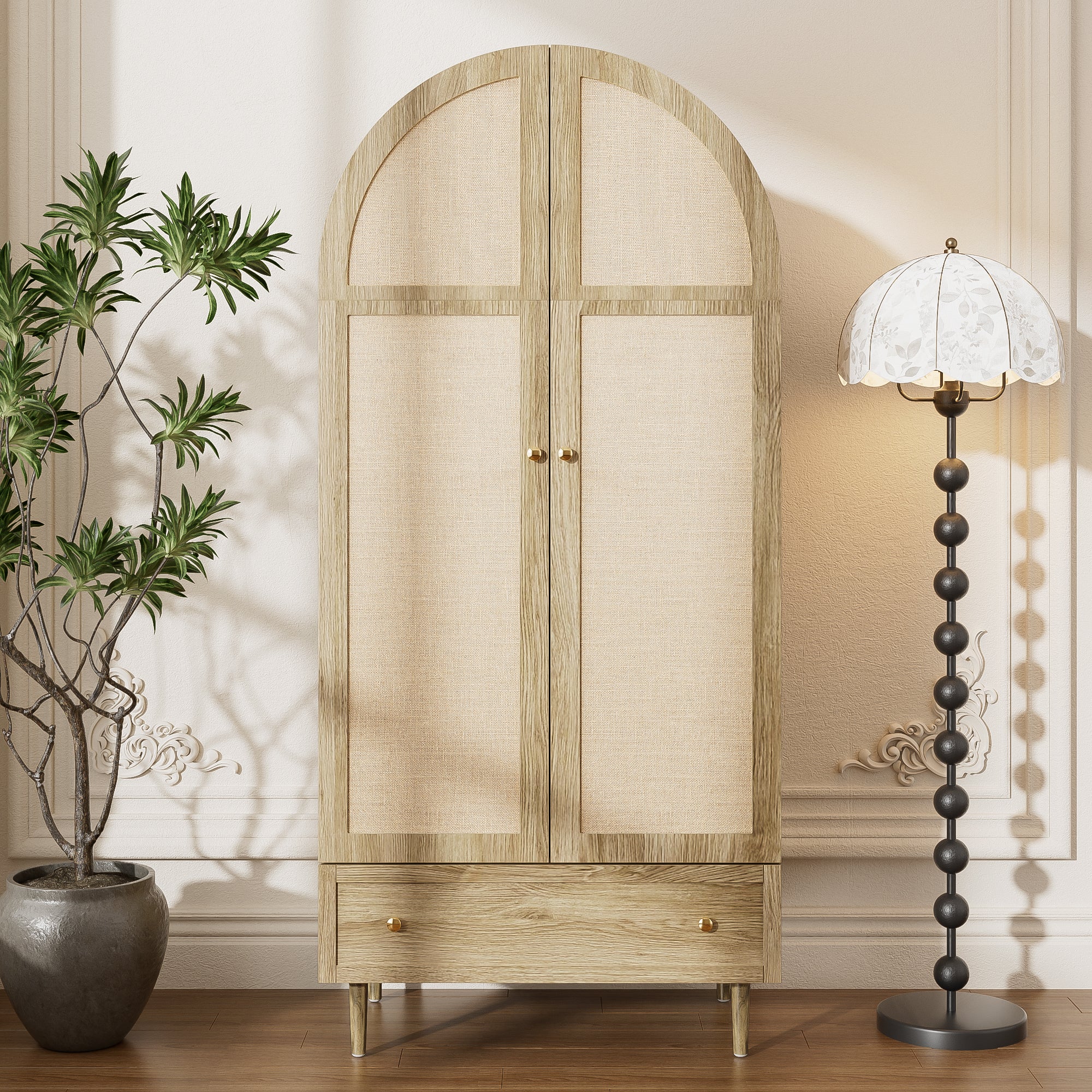Szafa 79x50x175cm - 2 drzwi i 1 szuflada - Wykończenie dębowe - Nogi drewniane - Płyta MDF - Naturalna - 4