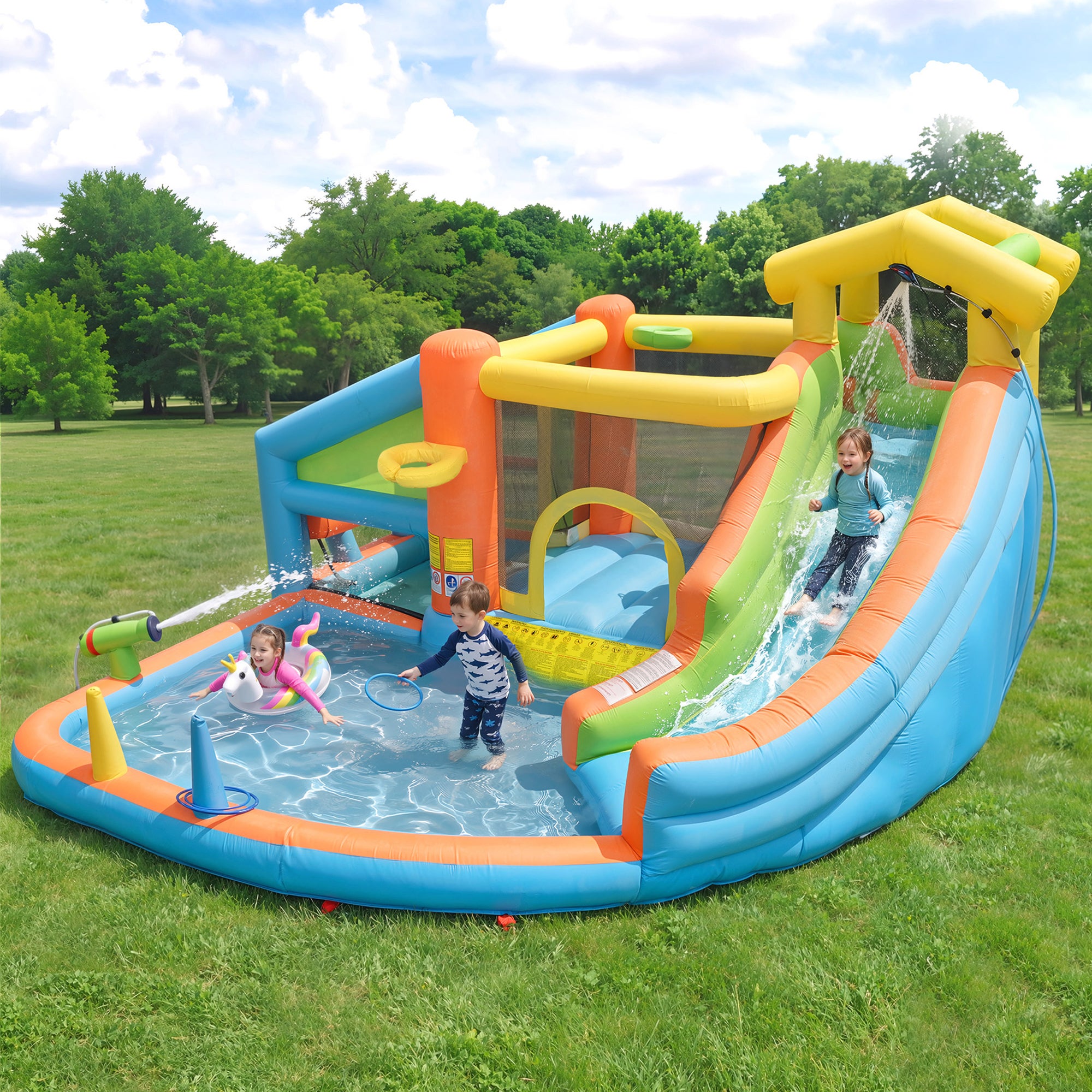 KingSom Piscine Gonflable Avec Toboggan, Arroseur Et Jeux Aquatiques, 305x178x127 Cm, Motif Sous-marin, Famille