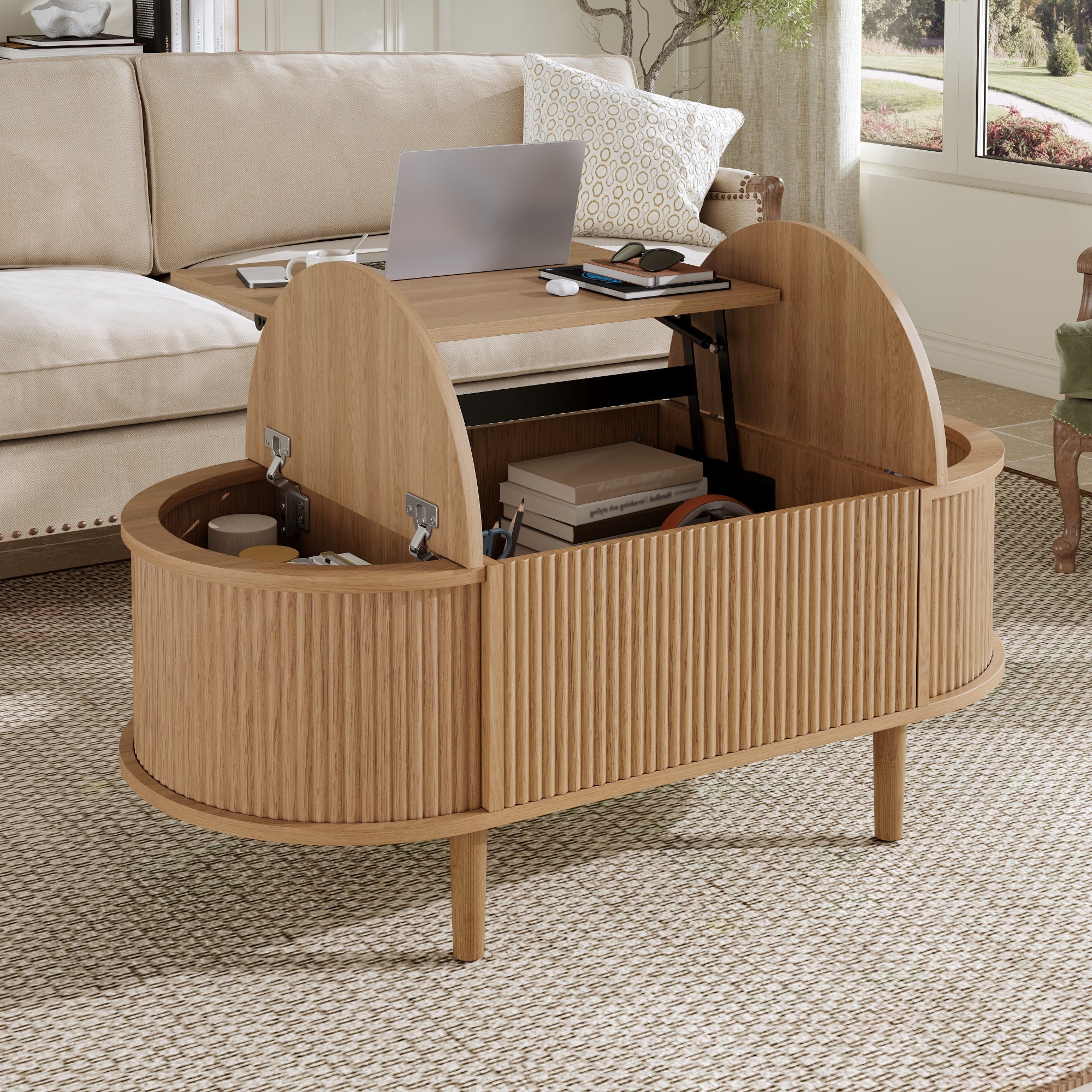 Table basse relevable multifonction 100x48x53,5cm avec rangement, style vintage multifonction pour salon, pieds en bois massif,couleur bois naturel - 3