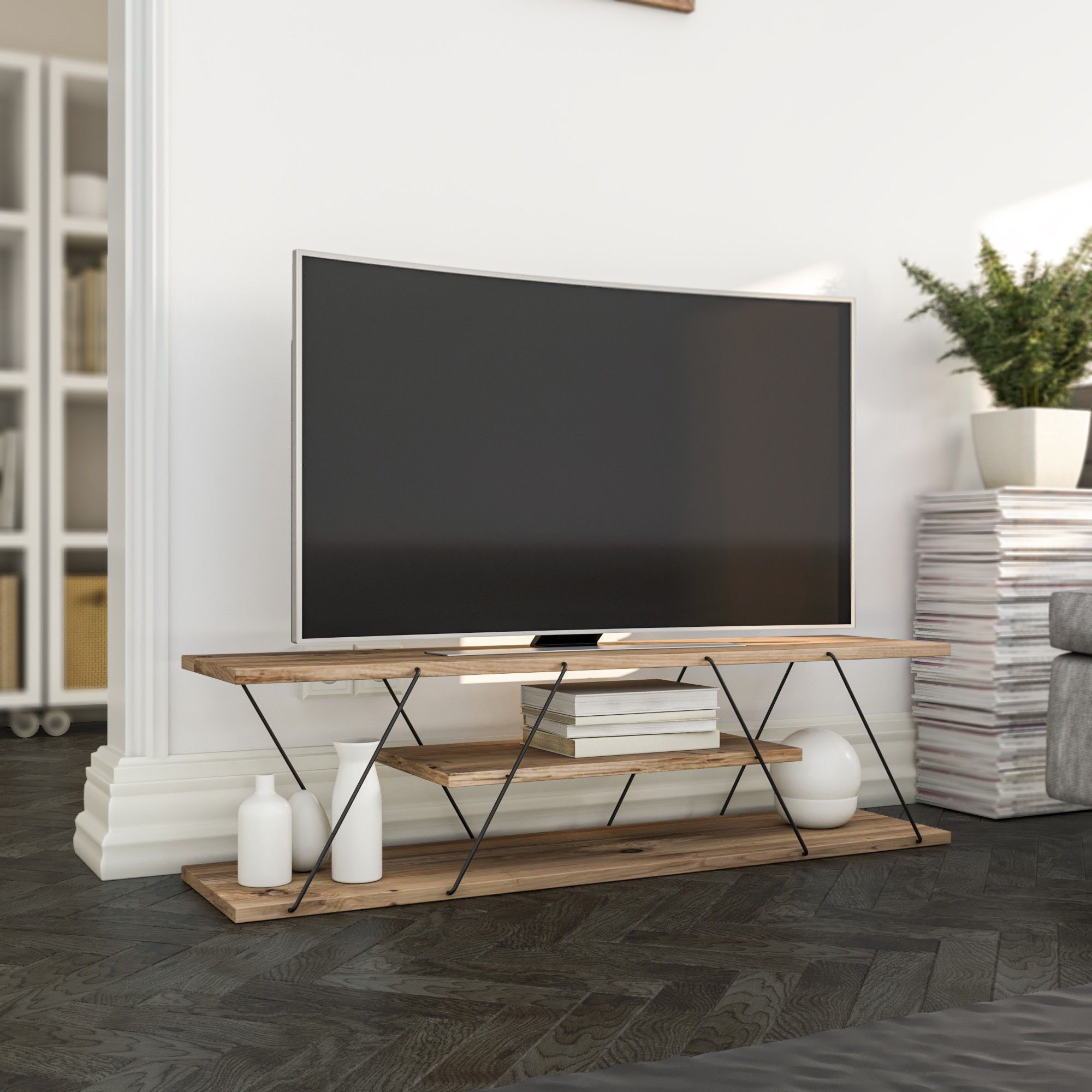 Meuble TV montants ultra fins trois tablettes Filumis 120cm Bois clair et Métal Noir - 2
