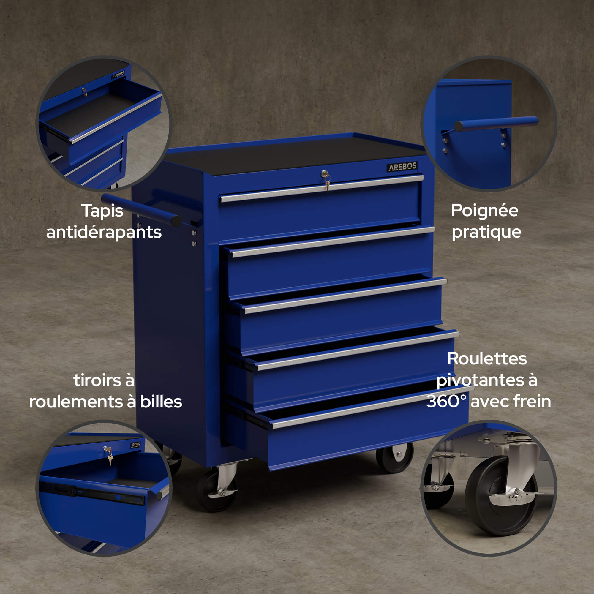AREBOS Chariot à outils avec 5 tiroirs | Acier robuste et résistant aux rayures Glissières à billes, tapis antidérapants - 6
