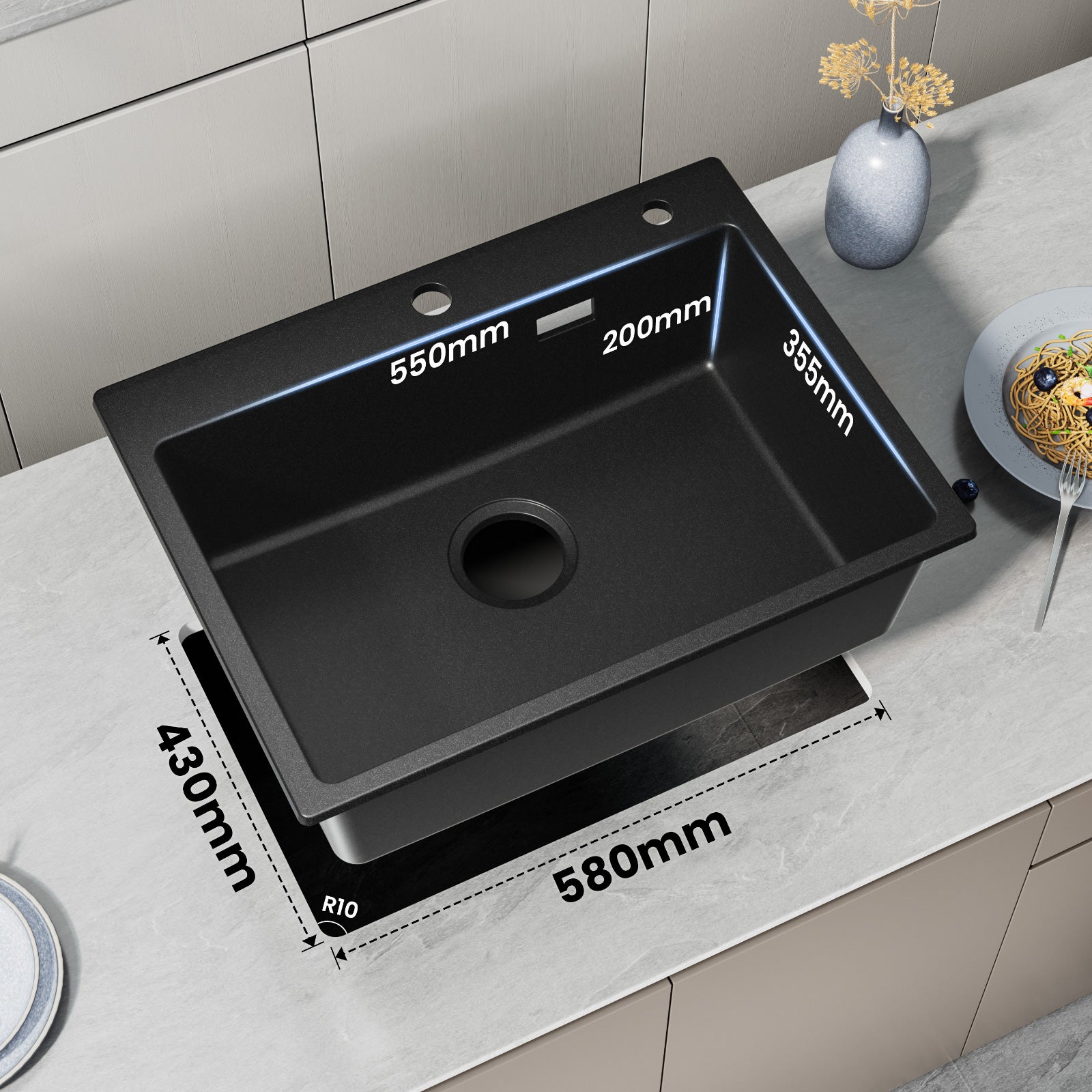 Cecipa max Evier de Cuisine 60x45cm en Quartz et Résine - Evier 1 Bac Noir -Grande Capacité Evier - 6