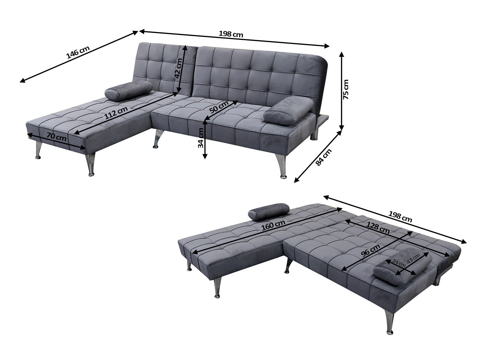 Sofa Cama Chaise Longue Keren XS 198cm Negro - 3