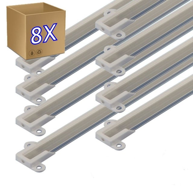 Zestaw x8 profili aluminiowych o długości 1 m, montażowa taśma LED, półprzezroczysty dyfuzor. Zawiera zaślepki i akcesoria montażowe (14 mm x 7 mm).