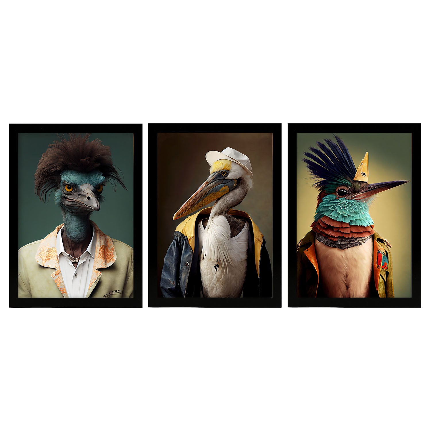 Animal humano nacnico emu hummingbird pelican. estampados de arte de pared estético para el diseño de dormitorio o sala de estar marco blanco - a4