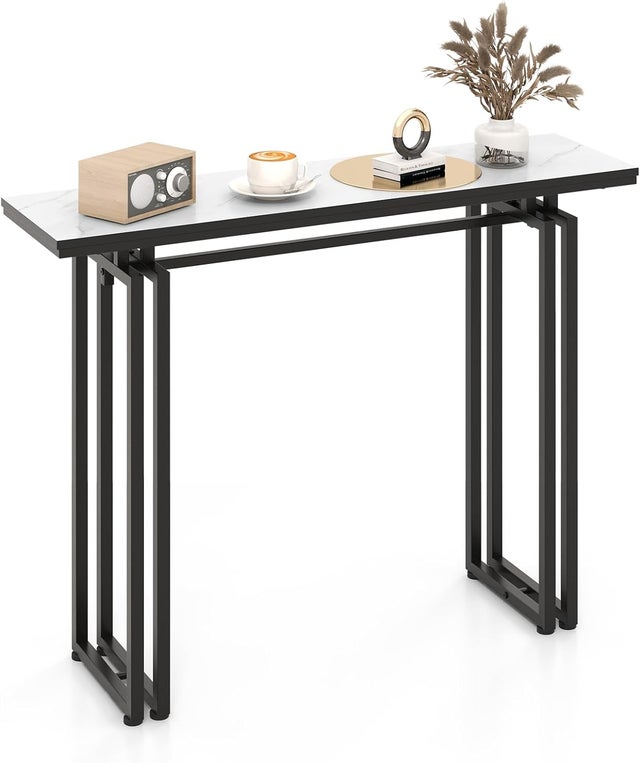 Tavolo Consolle Da Ingresso SEIFE In Marmo Nero, Moderno Con Base Oro E Piano In Ardesia, 80cm