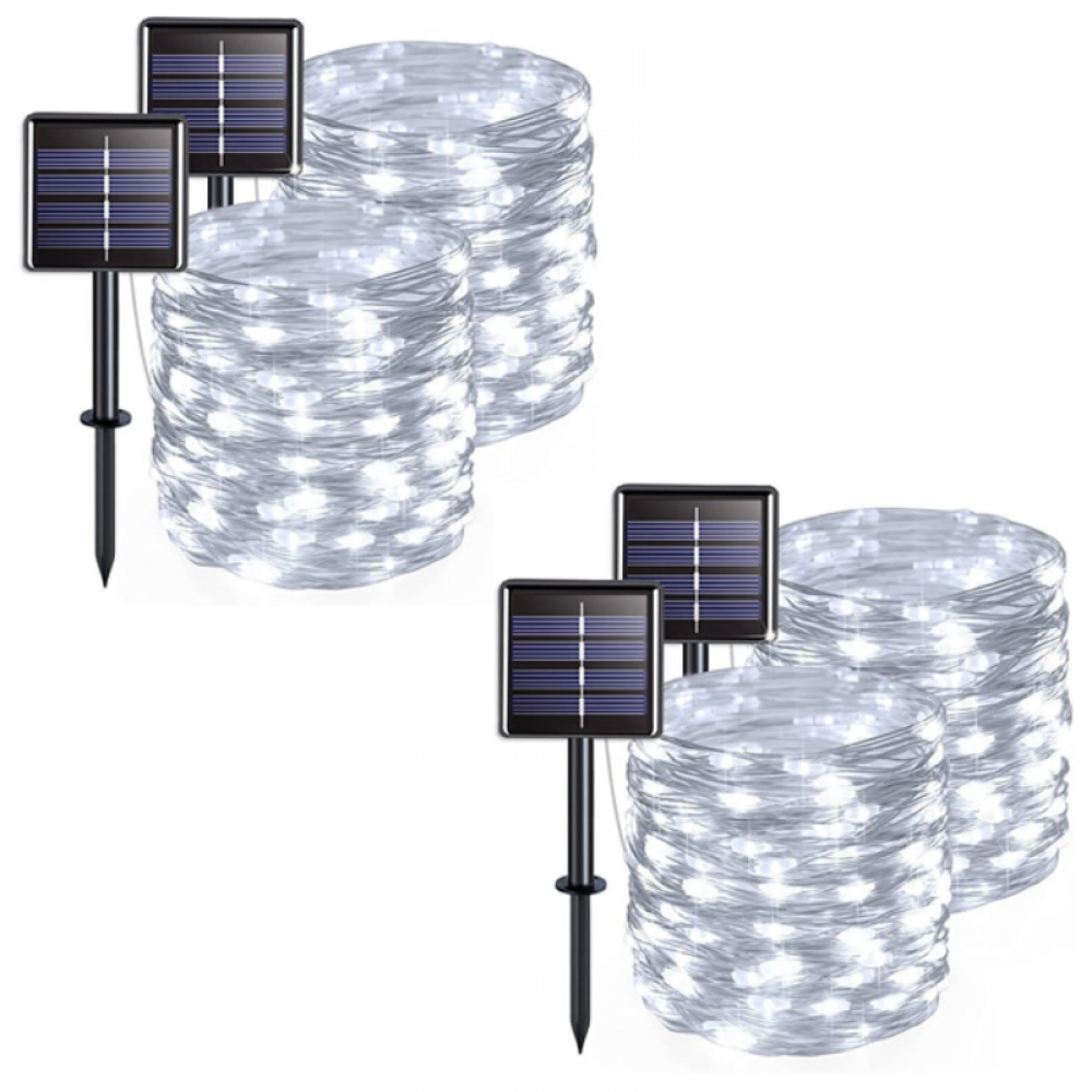 Zestaw 4 lampek solarnych do użytku na zewnątrz, drut miedziany, wodoodporny, 42 metry na lampkę, 400 diod LED (białe światło)