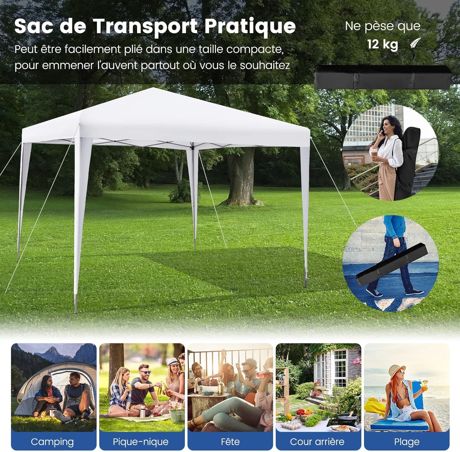 Gazebo Pieghevole da Giardino 295 x 295 cm, Gazebo Pop Up Impermeabile e Potezione Solare, Regolabile in Altezza, con Borsa da Trasporto, per - 7