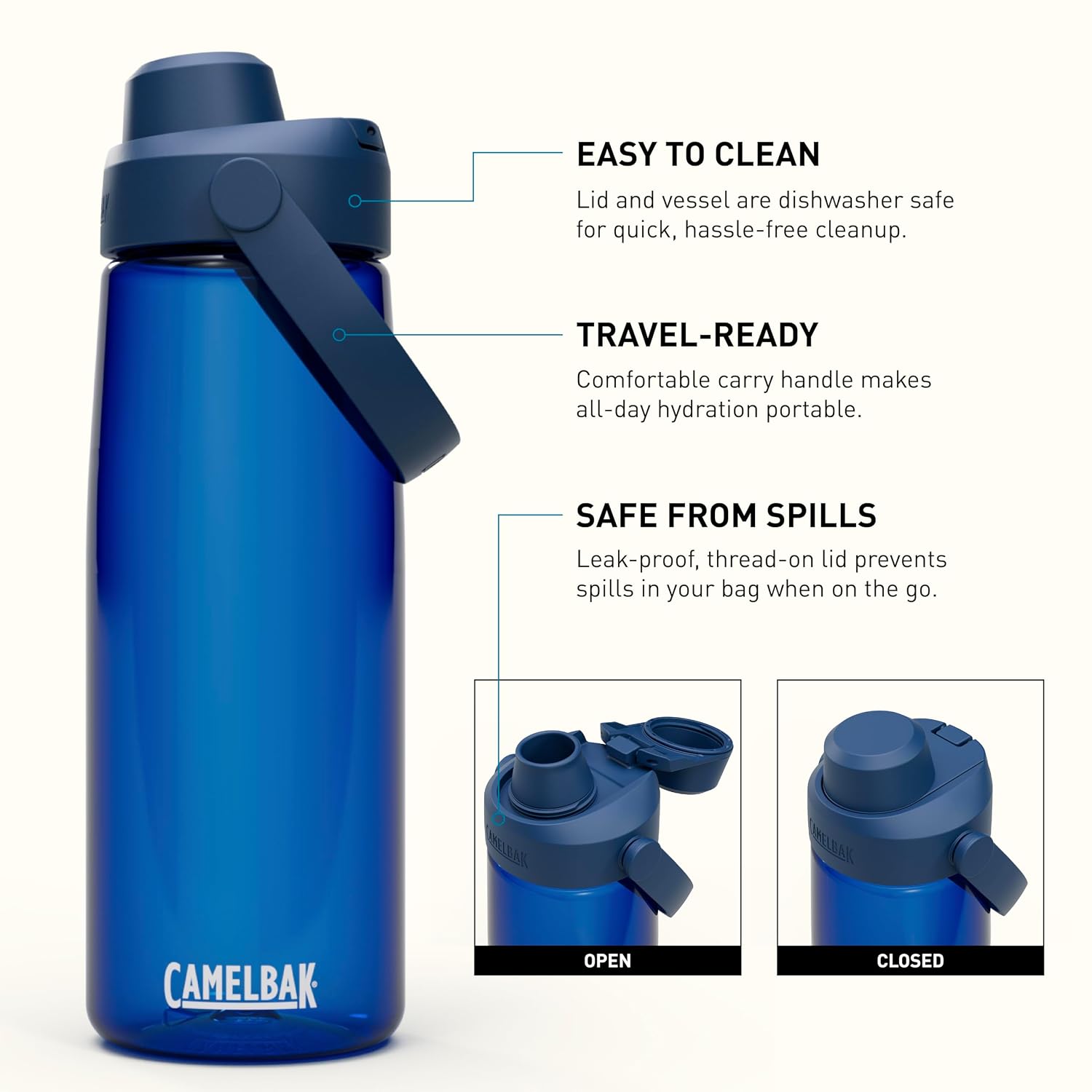 Versión en español — thrive chug 740 ml – bouteille d'eau pour vélo – étanche – embout souple – idéal pour les déplacements – reste hydraté même dans