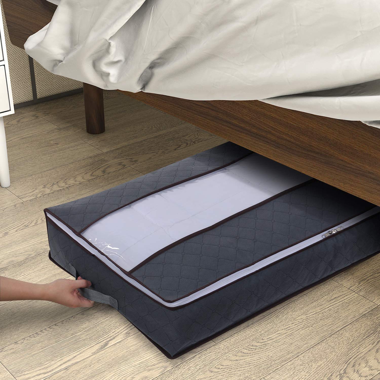 LAMU 2 Pezzi Contenitore Sottoletto, Scatole Portaoggetti Pieghevole Sotto il Letto con Coperchio e Maniglie, Impilabili, Utilizzato per Riporre Vestiti, Trapunte, Coperte, 80x40x15cm, Grigio