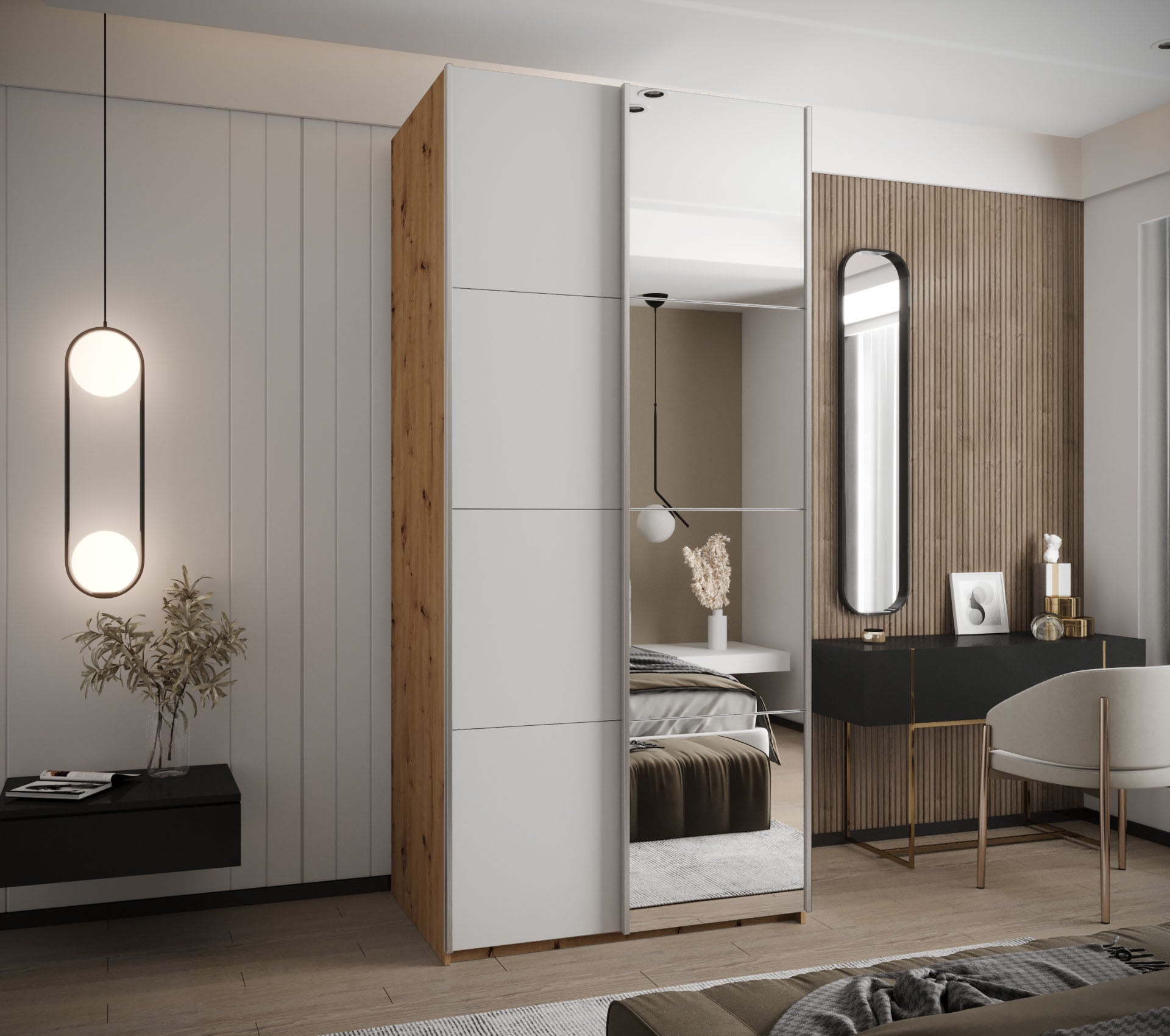 Szafa przesuwna wysoka Lux 3 110 x 64 x 245,5 cm artisan + biały + u. srebrny - Abiks Meble - 2