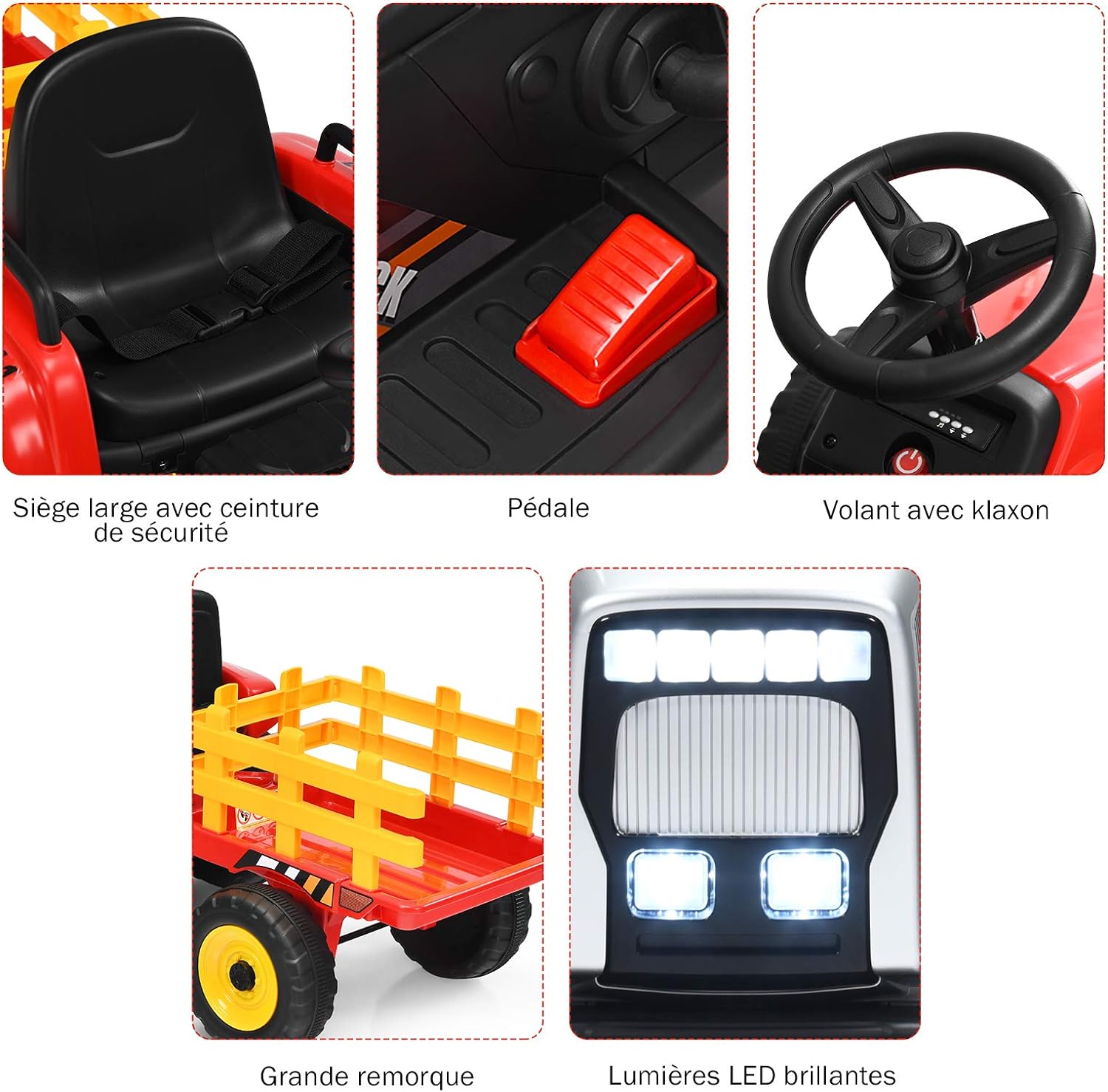 Trattore con Rimorchio Cavalcabile per Bambini 12V, Trattore Elettrico Telecomandato, con Luci e Suoni, 30kg, 3+ Anni (Rosso) - 2