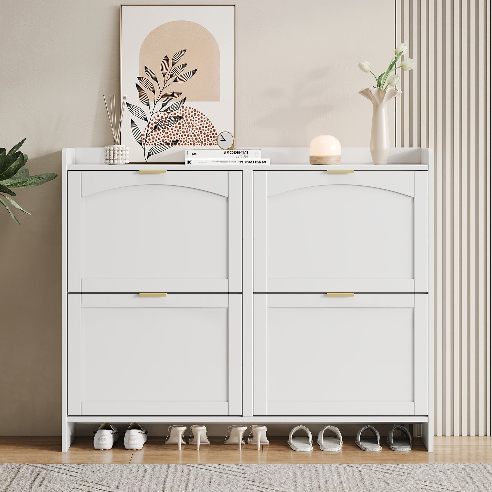 Meuble à chaussures avec 4 portes à rabat - 110 x 24 x 90 cm - Panneau de particules - Blanc - 4