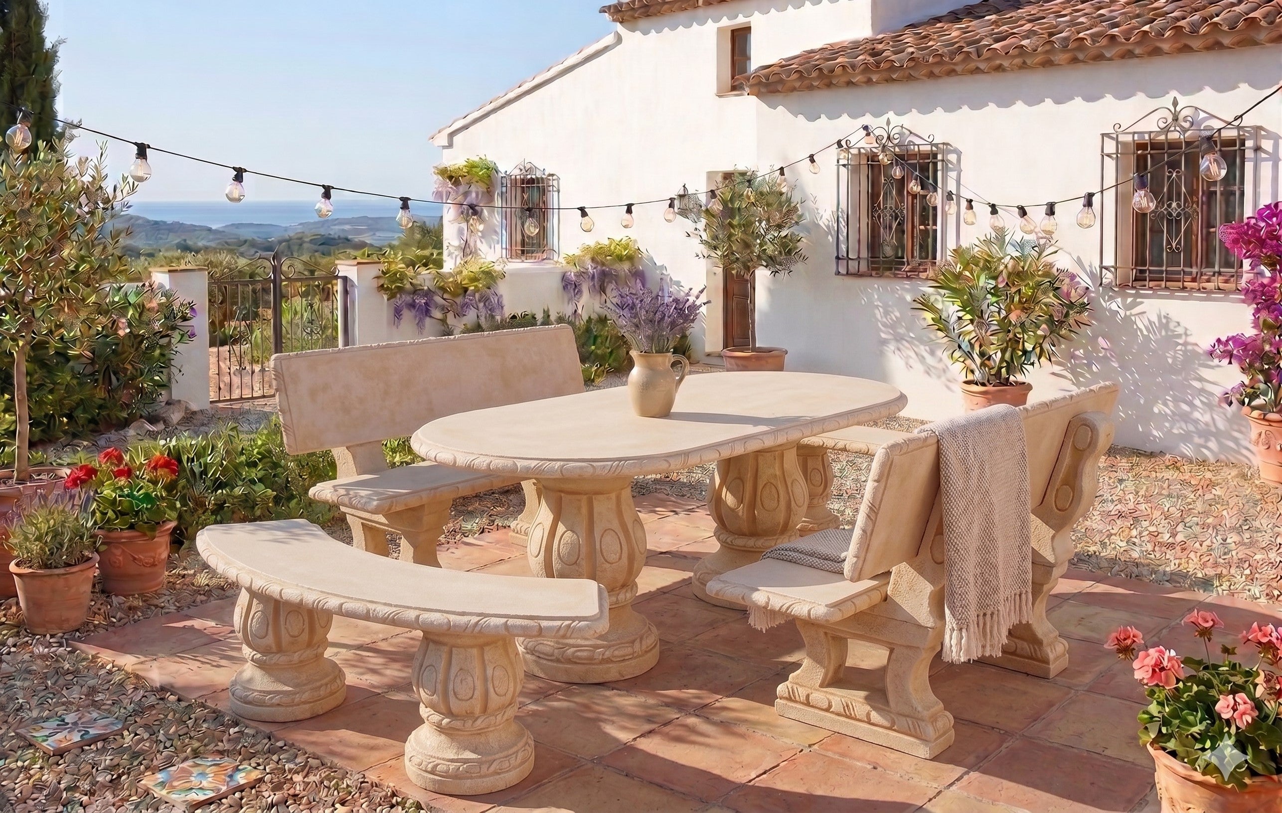 Comedor de Jardín Mesa Oval y Bancos en Hormigón Piedra 194x93cm. AZALEA con dos Respaldos - 2