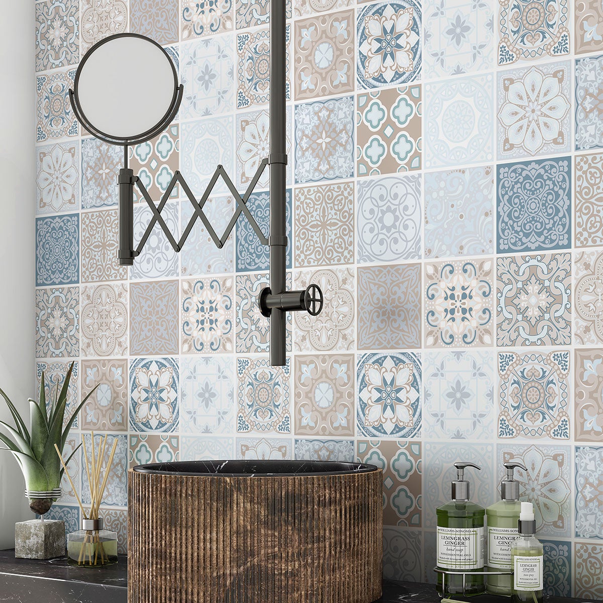 Crédence adhésive sticker pour salle de bain - Motif carreaux de ciment - Adhésif BRILLANT - 60x60 cm - 2