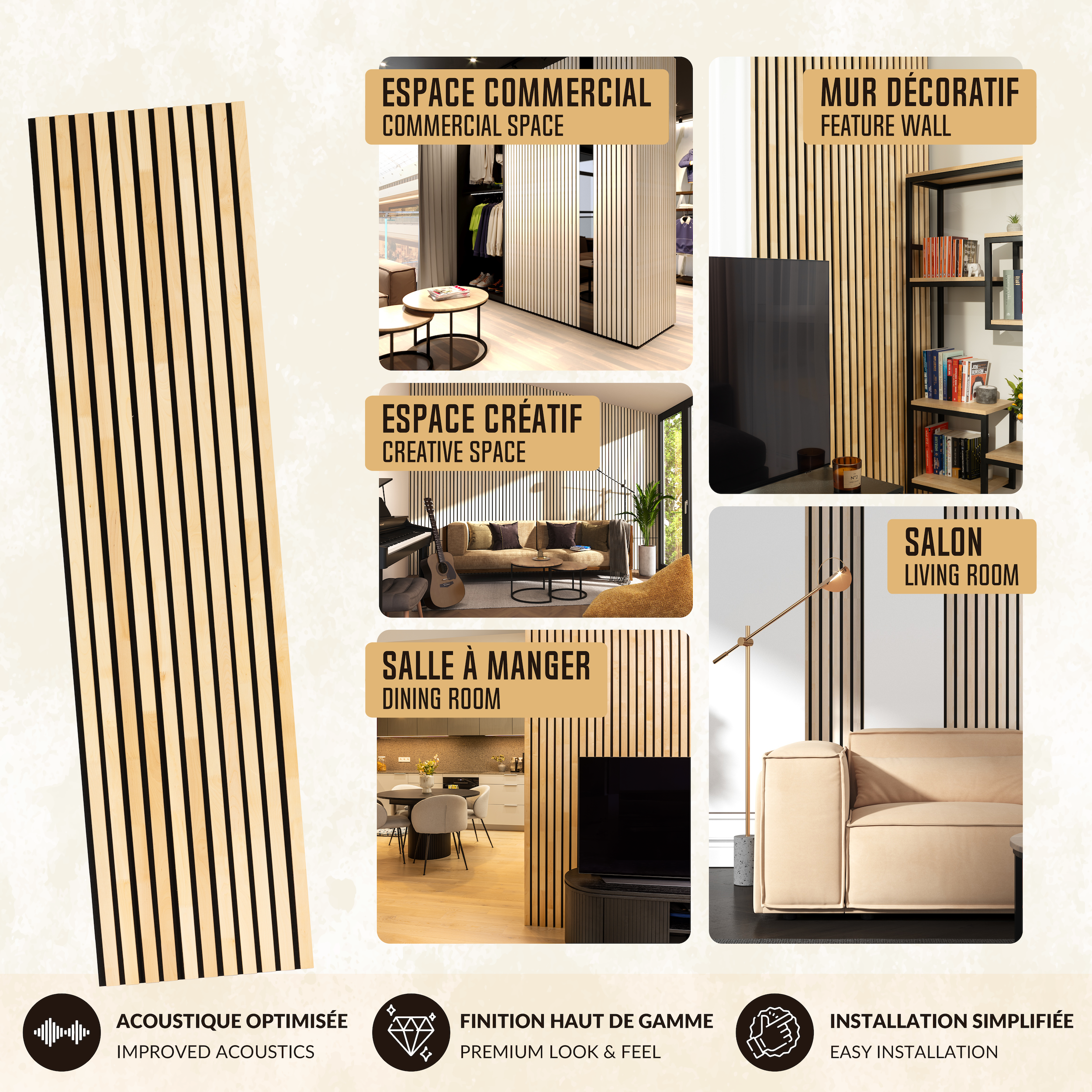 Lot de 2 Panneau Tasseau Acoustique en Bois - Bois de Bouleau Massif - 2400x600mm - Lattes 40mm, Support en Feutre Noir - 3