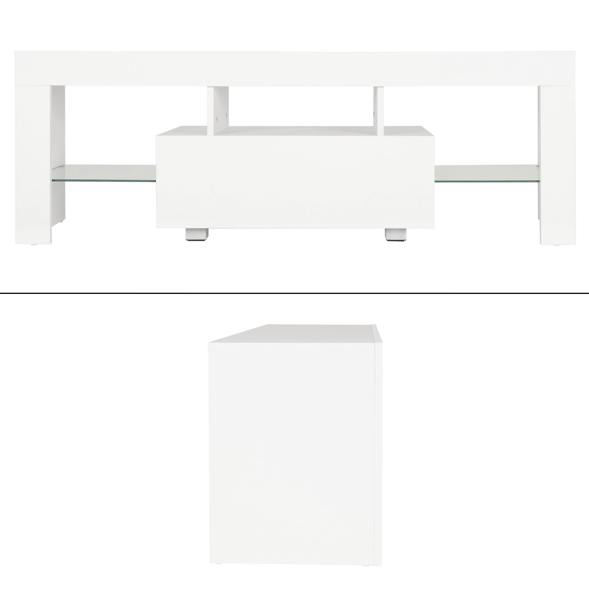 ML-Design szafka RTV w drewnie z oswietleniem LED i szklana pólka pod telewizor, nowoczesny stolik pod telewizor, 130x49x45cm, bialy, bezuchwytowy