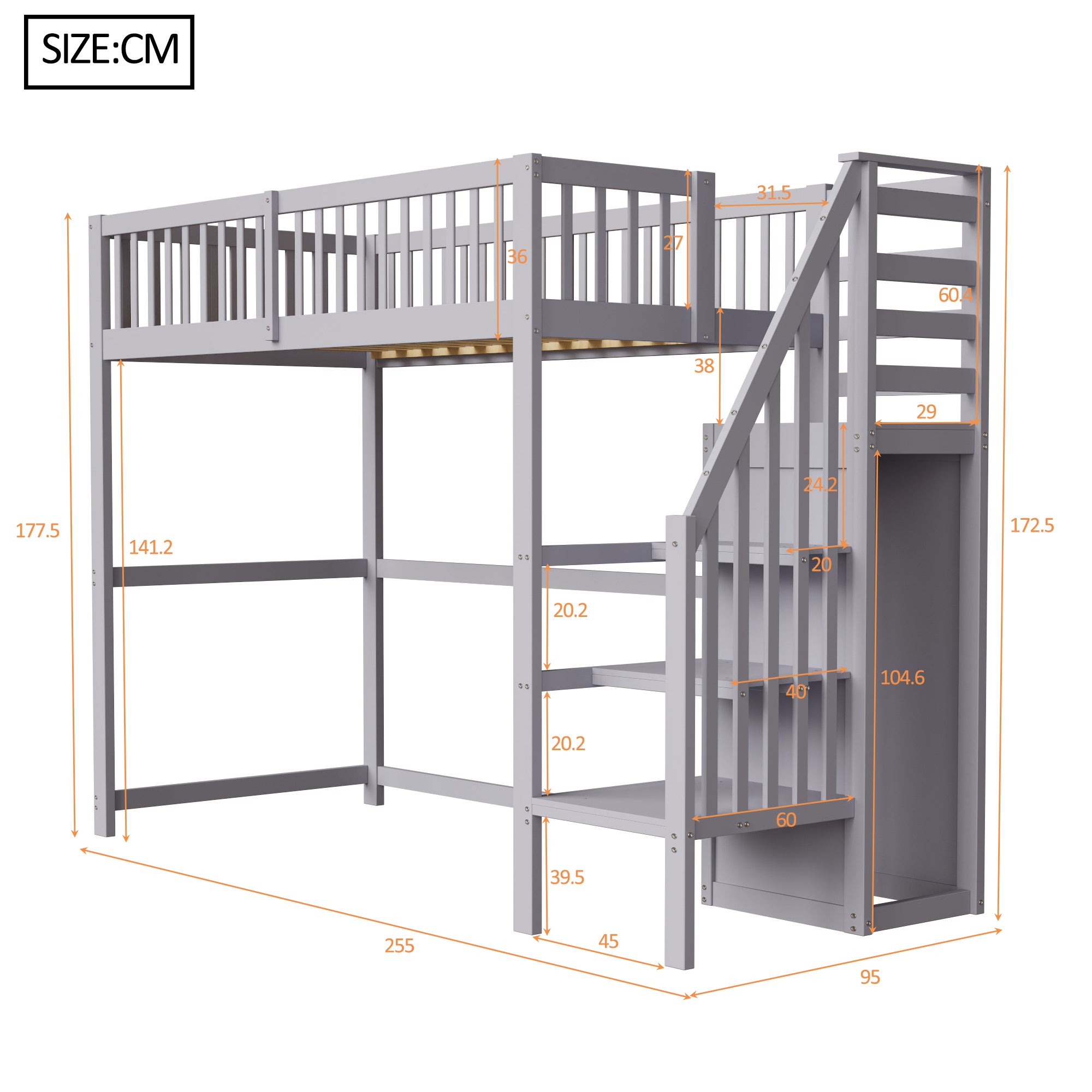 Lit mezzanine 90x200cm avec escalier, lit enfant en bois avec étagères de rangement,lit Multifonctionnel avec armoire simple, blanc - 4