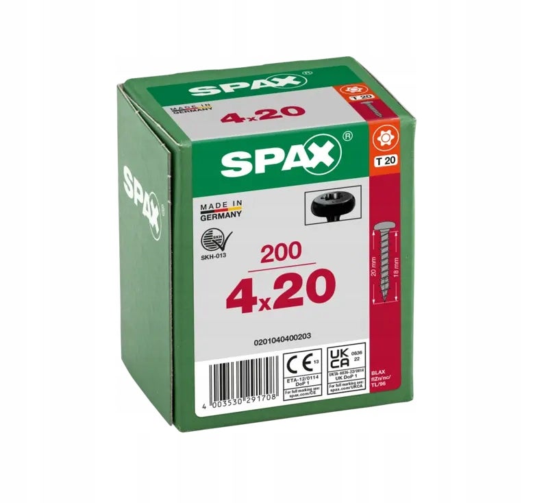 Wkręty do drewna SPAX 4x20mm,pełny gwint, łeb talerzowy, czarne 200szt.