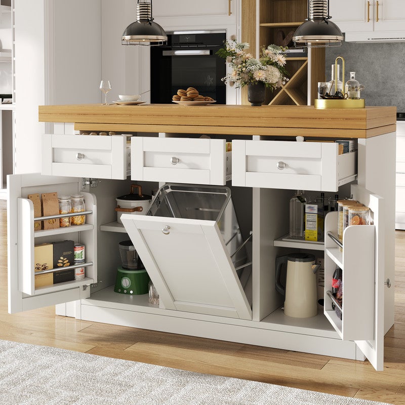 Îlot de cuisine moderne,Table de bar cuisine escamotable,avec Support à poubelle extractible,Table à manger avec tiroir et porte-snack, Blanc - 3